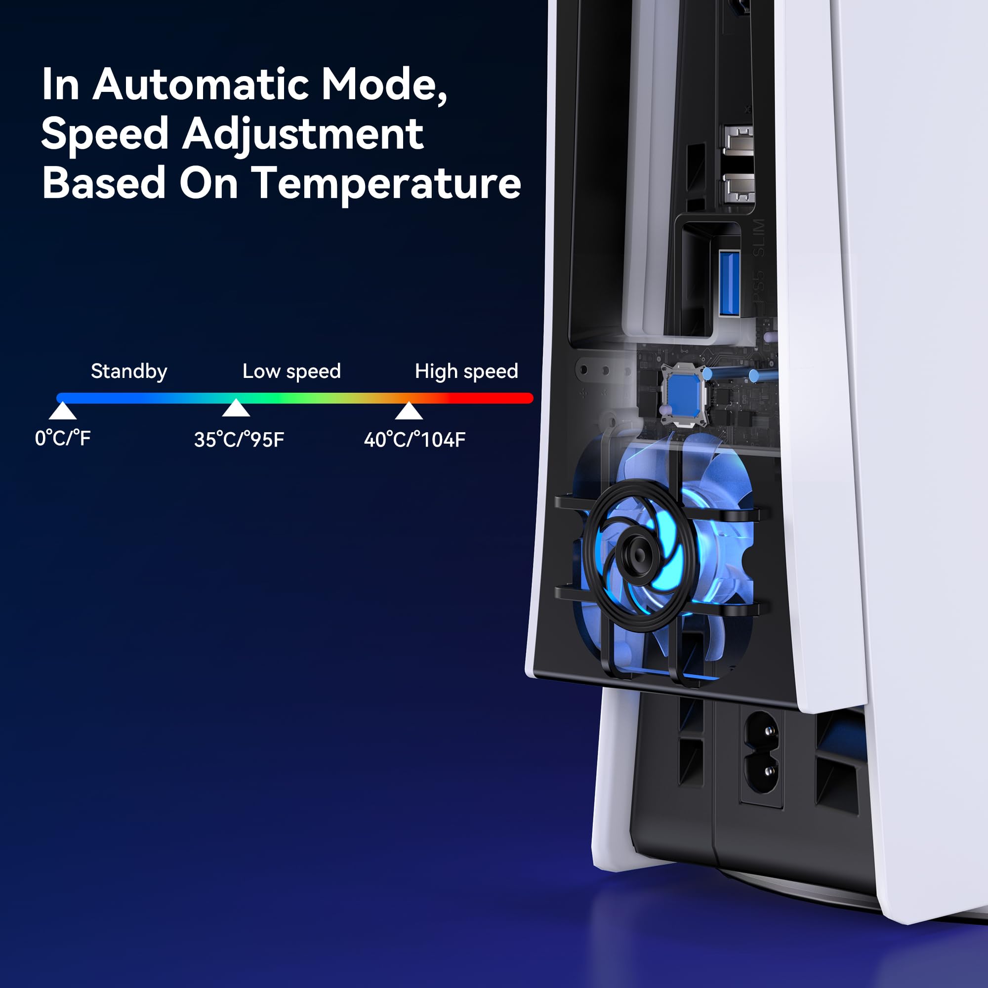 NEWDERY Ventola di raffreddamento per console PS5 Slim, ventola di raffreddamento silenziosa aggiornata, velocità regolabile in temperatura automatica, luce RGB dinamica, porta USB 3.0
