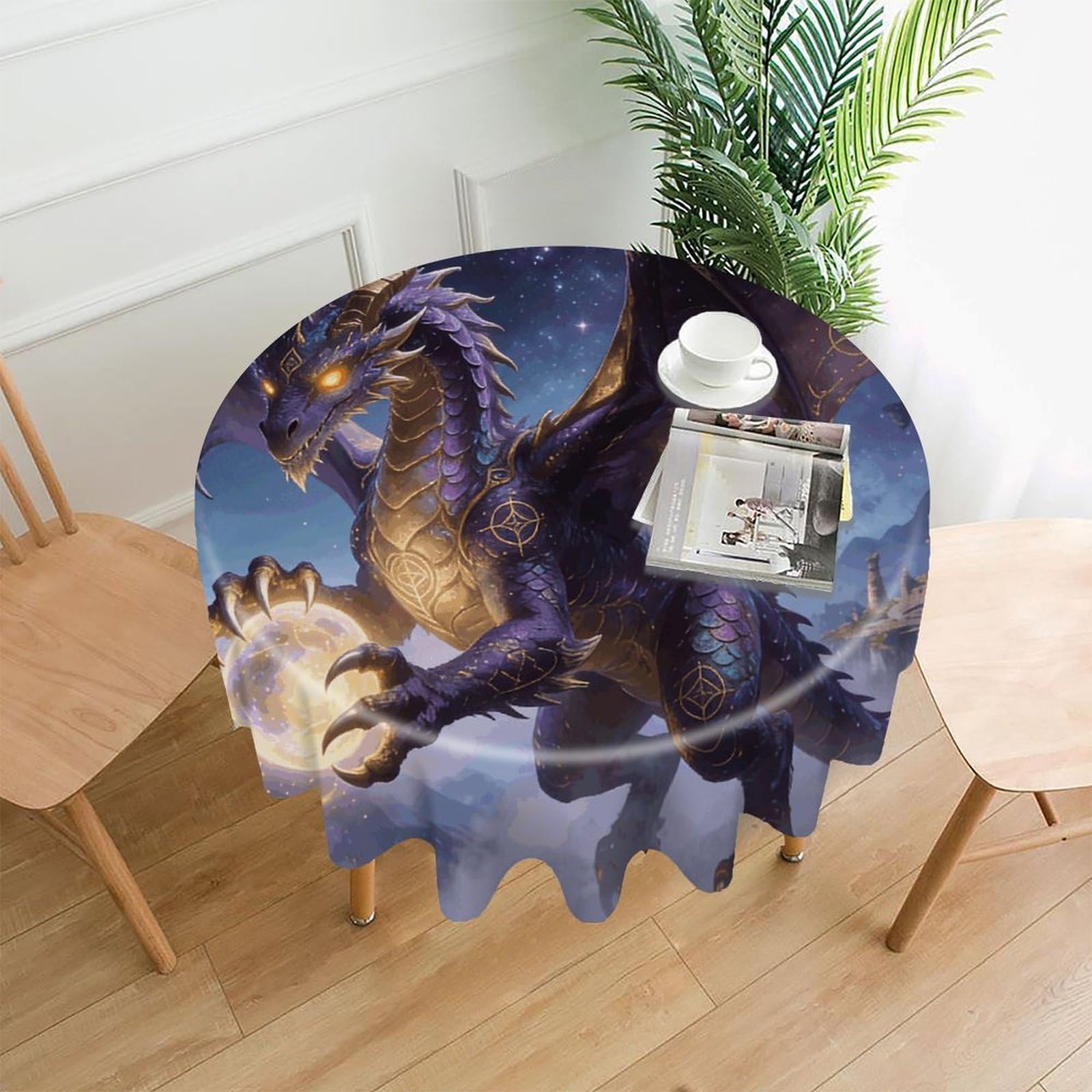 LZQPOEAS Fantasy Dragon Tablecloth Easy to Clean Polyester Round Table Cover Washable Round Table Cloth Wrinkle-Free Circle Decoration Tablecloth for Kitchen and Dining Room 60"