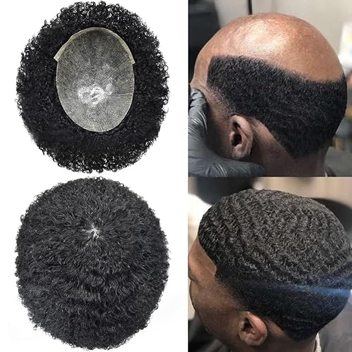 Unidades de cabello afro tupé para hombres negros Full Poly afroamericanos hombres hairpece Afro Toupee Kinky Curly Brazilian Human Hair Systems PU