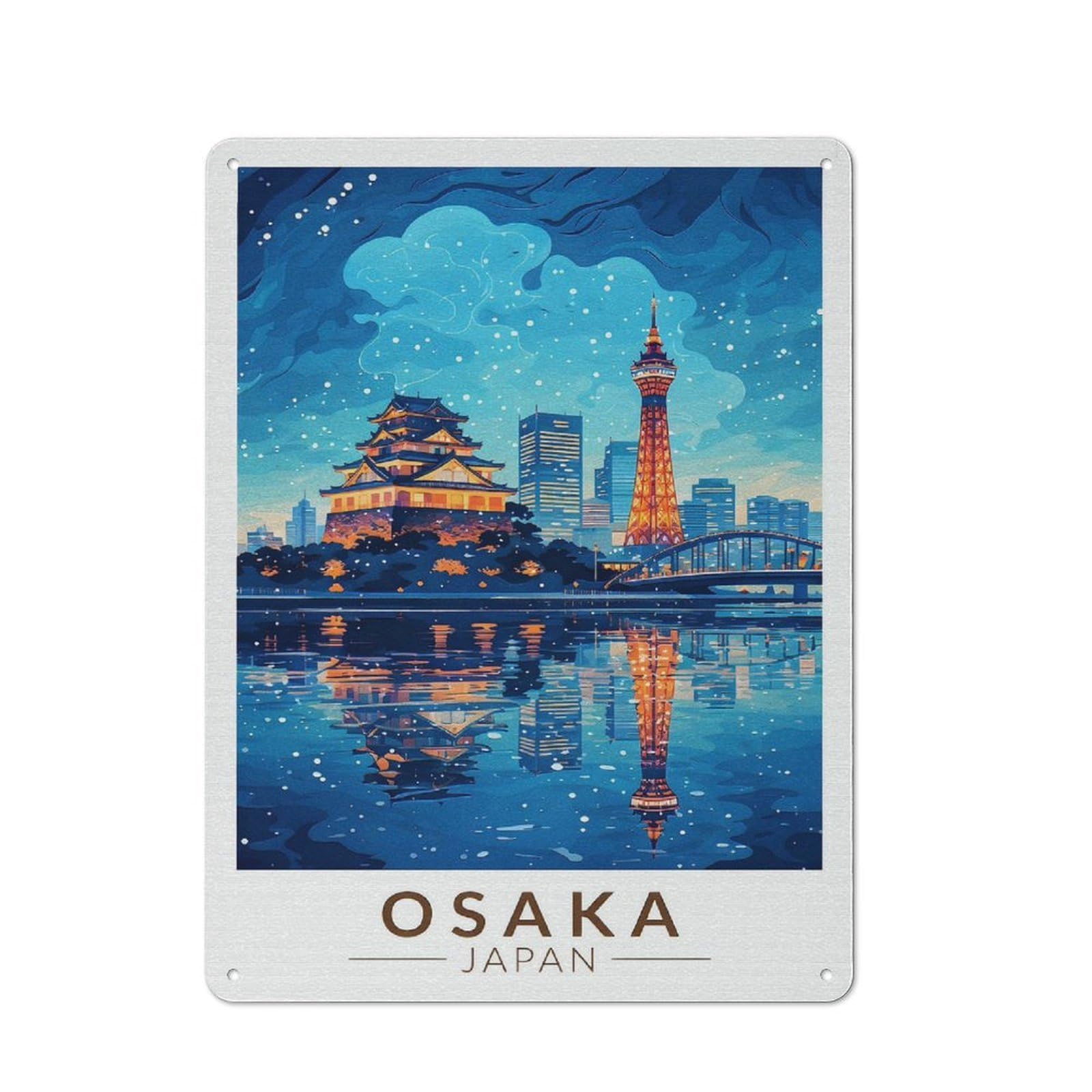 Junmoney Style-5 Everyday Osaka Cityscape At Night Decorative Tin Plaque 40X30cm, Room Wall Plaque For Bedroom, Kitchen, Office Or Living Room