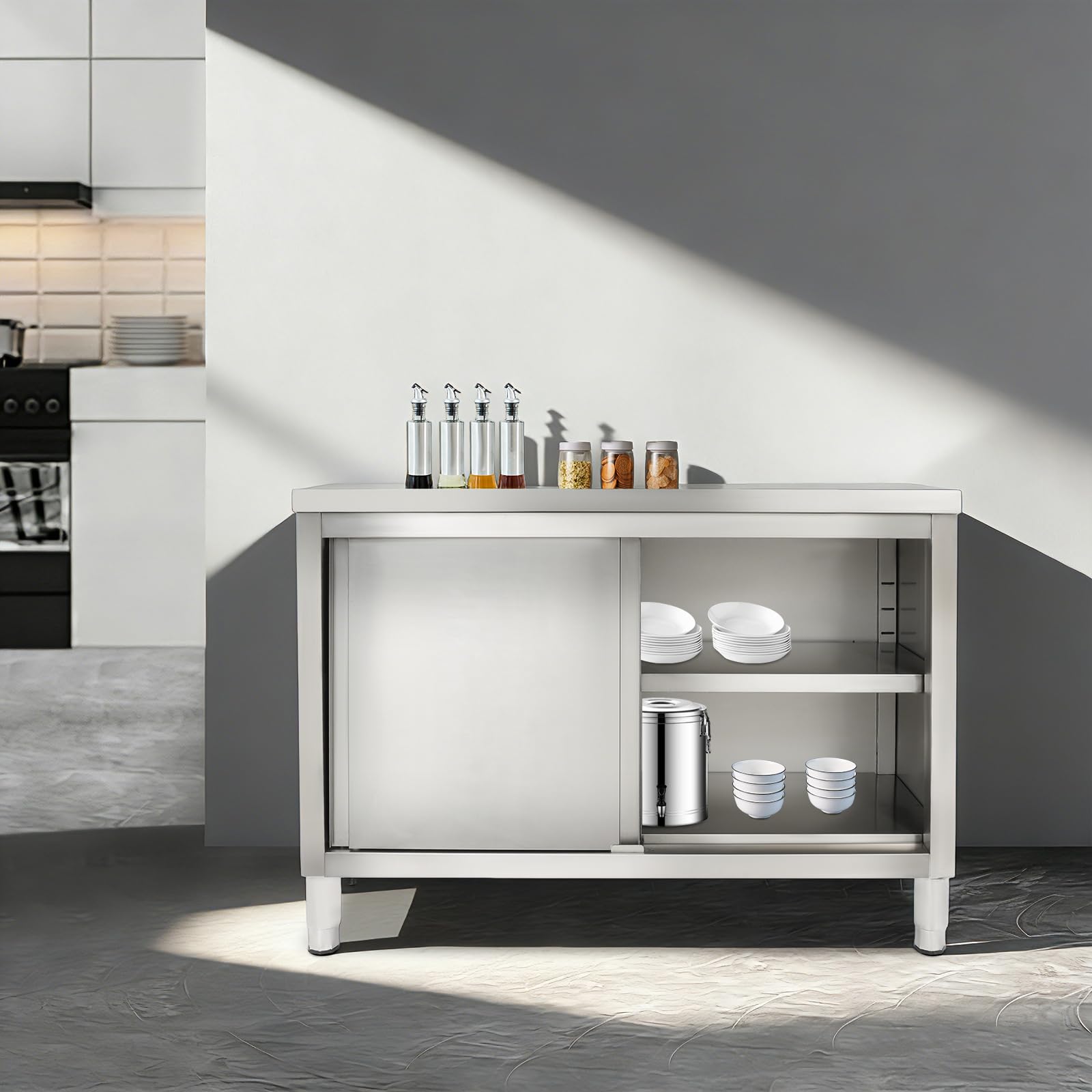 Mesa de trabajo de cocina de acero inoxidable, mesa de trabajo con puertas correderas, 120 x 50 x 86 cm, almacenamiento de altura ajustable 5-20 cm, armario gastro de acero inoxidable, doble