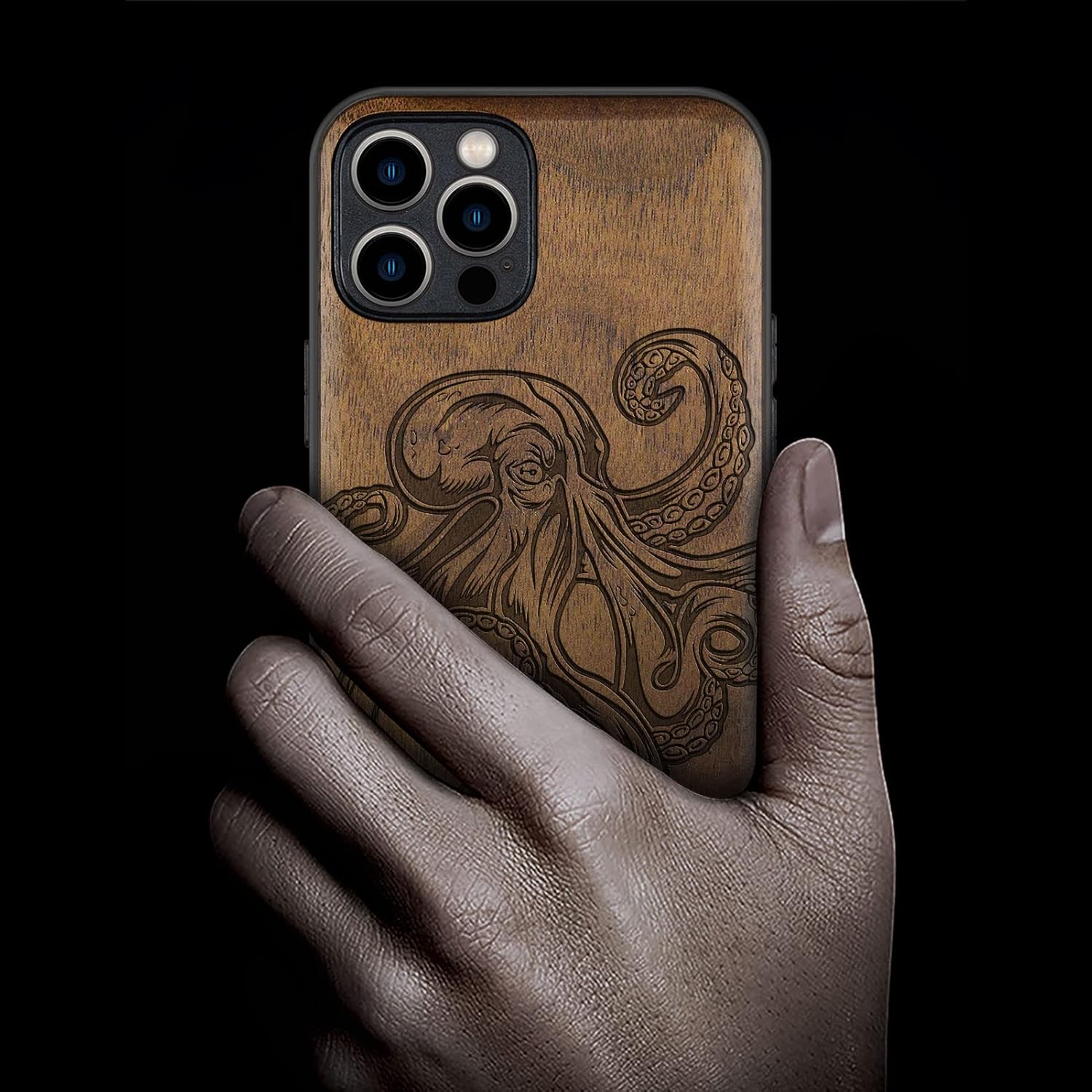 Carveit Magnetic Wood Case for iPhone 12 Pro Max Case [Natural Wood & Black Soft TPU] Shockproof Protective Unique & Classy Wooden Cover Compatible with MagSafe (Octopus Drawing-Walnut)