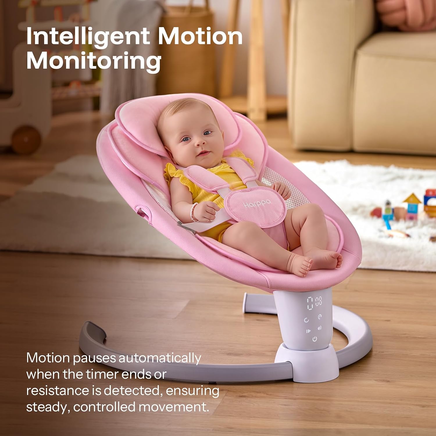 HARPPA Weddell Electric Baby Swing for Infants, 5-Point Harness, 5 Motion Levels, Remote & Touch Control, Built-in Melodies, Portable Baby Swing for Indoor Use,Light Pink