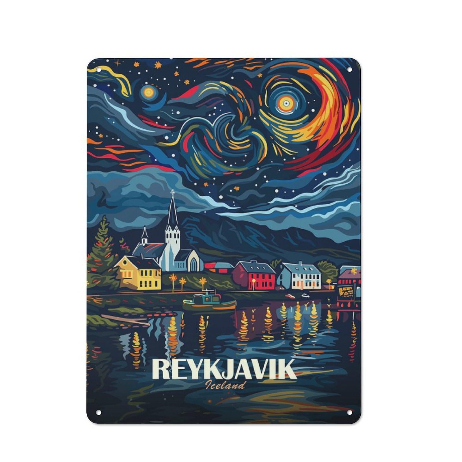 Junmoney Style-16 Decorative Tin Plaque With Reykjavik Iceland Travel Design 40X30cm, Nostalgic Home Bar Decor For Bar, Kitchen, Garage Or Games Room