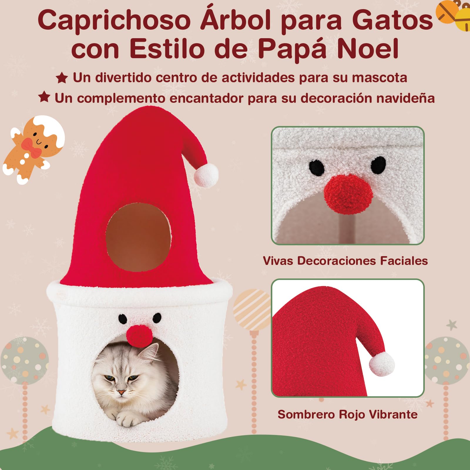 COSTWAY Árbol de Navidad para Gatos, 75 CM Torre para Gatos en Forma de Papa Noel con Percha Superior Acolchada, Condominio, Suave Cojín de Felpa, Casa Gato de Interior para Decoración Navideña