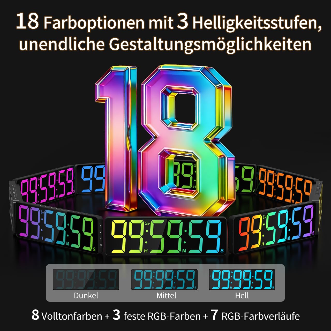 15,7" Digitaler Wandtimer, 99h Countdown/Count-up, RGB, Fernbedienung