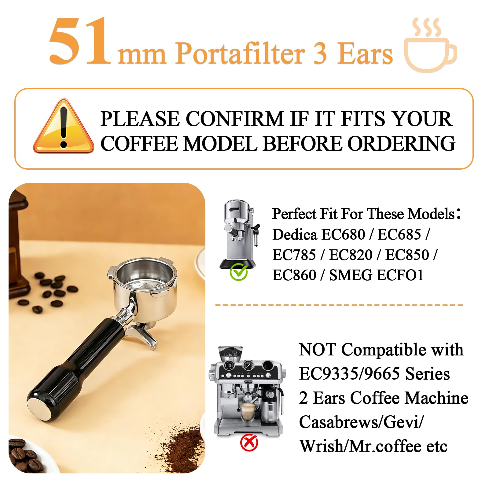 Porte-filtre 51mm 3 Oreilles à Double Bec en Acier Inoxydable - Compatible Delonghi Dedica EC685 EC680 EC785 - Poignée ABS Ergonomique - Noir