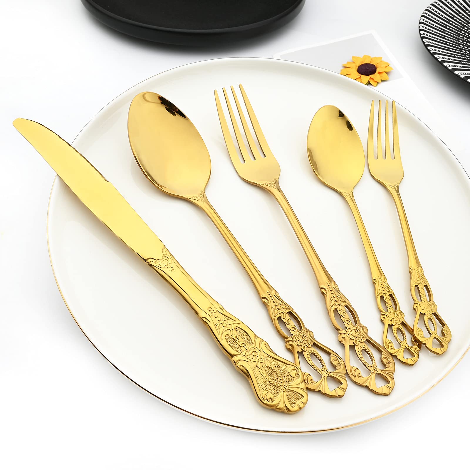 Snplowum 30-Piece Vintage Royal 18/0 Stainless Steel Mirror Flatware Set, Service for 6 (Gold)