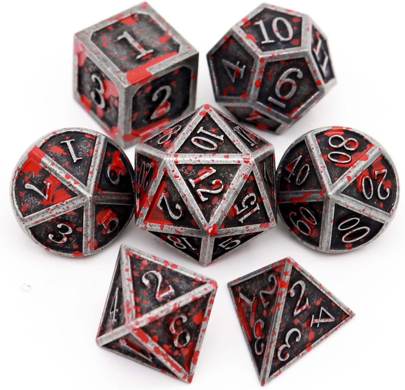 Haxtec Bloodstained Metal DND Dice Set Blood Polyhedral D&D Dice with Leather Dice Bag Compatible with Dungeons and Dragons Gift for DND Lovers TTRPG DM Masters Antique Metal Halloween Dice
