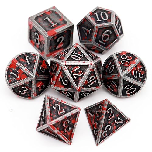Haxtec Bloodstained Metal DND Dice Set Blood Polyhedral D&D Dice Compatible with Dungeons and Dragons Gift TTRPG Antique Metal Halloween Dice - Iron Red