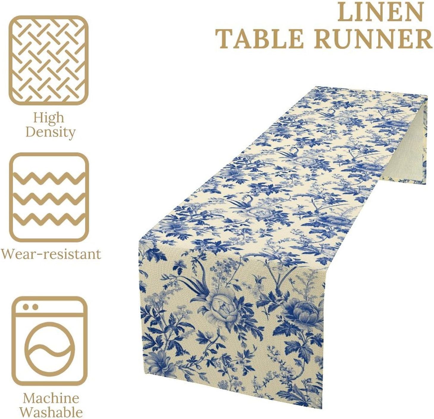 Vintage Blue Floral Table Runner, Retro Country Flowers Botanical Design Table Runner for Kitchen Dining Home Party Outdoor Indoor Decor, 13x120 Inch