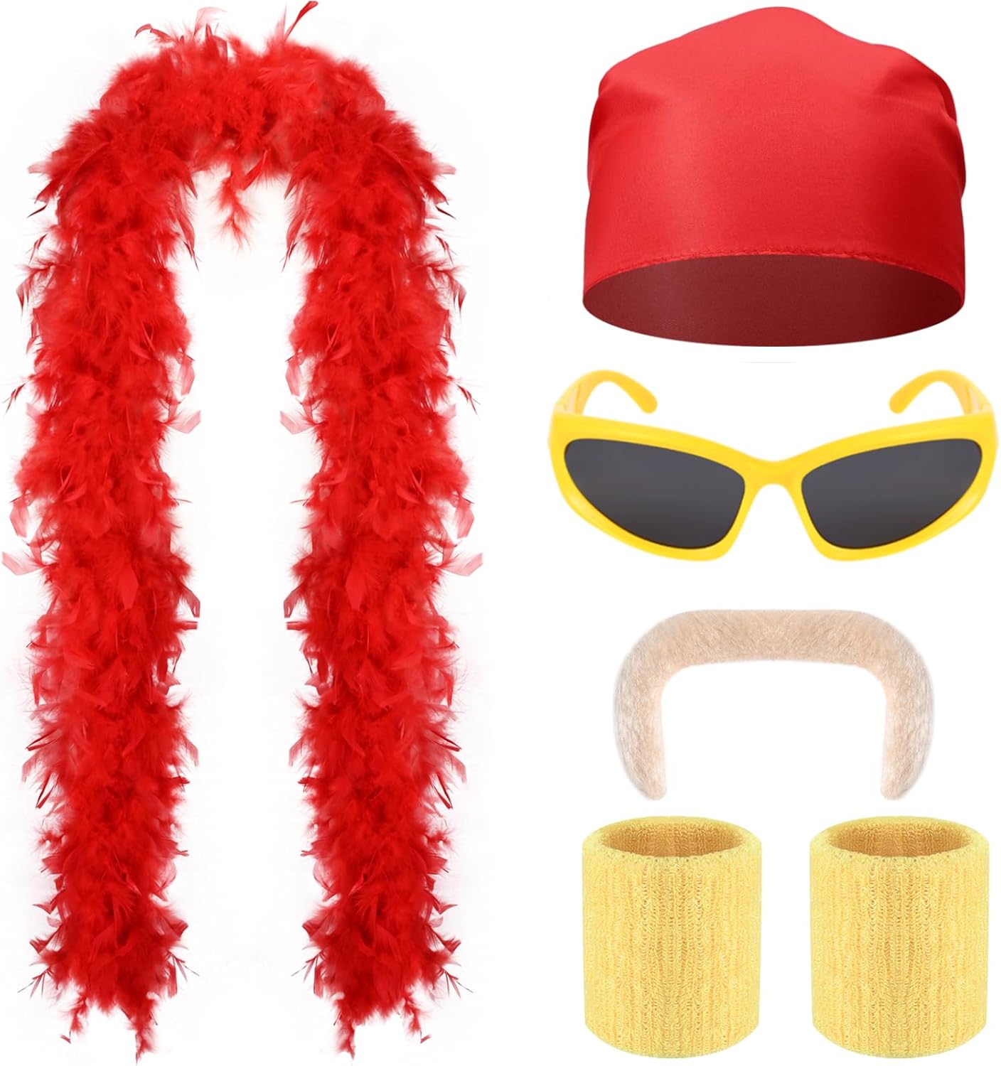 5 Pcs Halloween Wrestler Costume Include Red Feather Boa,Bandana,Moustache,Bracers and Sunglasses for Men Women Wrestler Cosplay