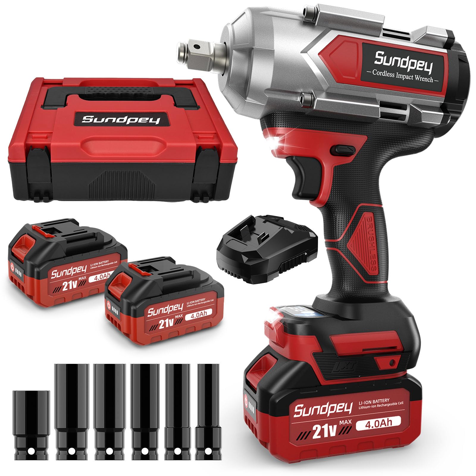 Sundpey Avvitatore ad Impulsi a Batteria 1200 Nm, Avvitatore ad Impulsi 1/2" con 2 Batterie 4.0Ah, 6 Bussoli per Avvitare e Svitare, Avvitatore a Percussione per Auto/Cantiere/Camion
