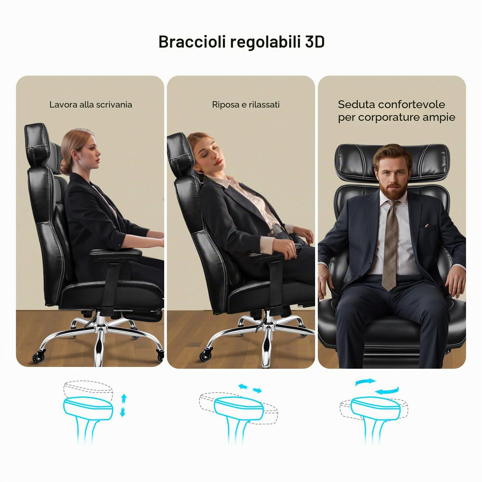 BASETBL Sedia da Ufficio 200 kg con Seduta XXL, Braccioli 3D e Poggiapiedi