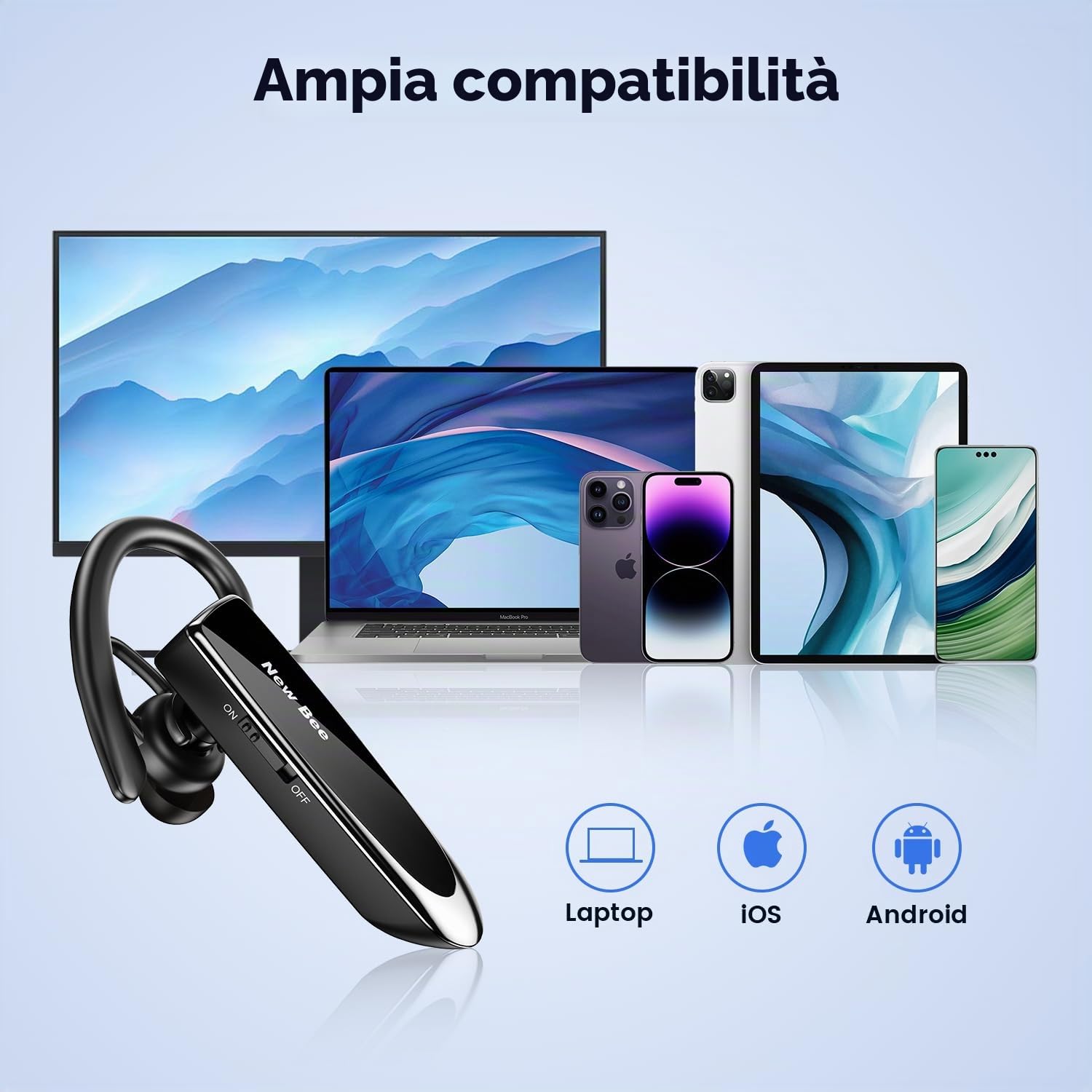 New Bee Auricolare Bluetooth V5.0 a mano libera auricolare Bluetooth con tecnologia di cattura vocale chiara Kit auricolare- invisibile per iPhone Samsung Huawei Sony ecc (nero)