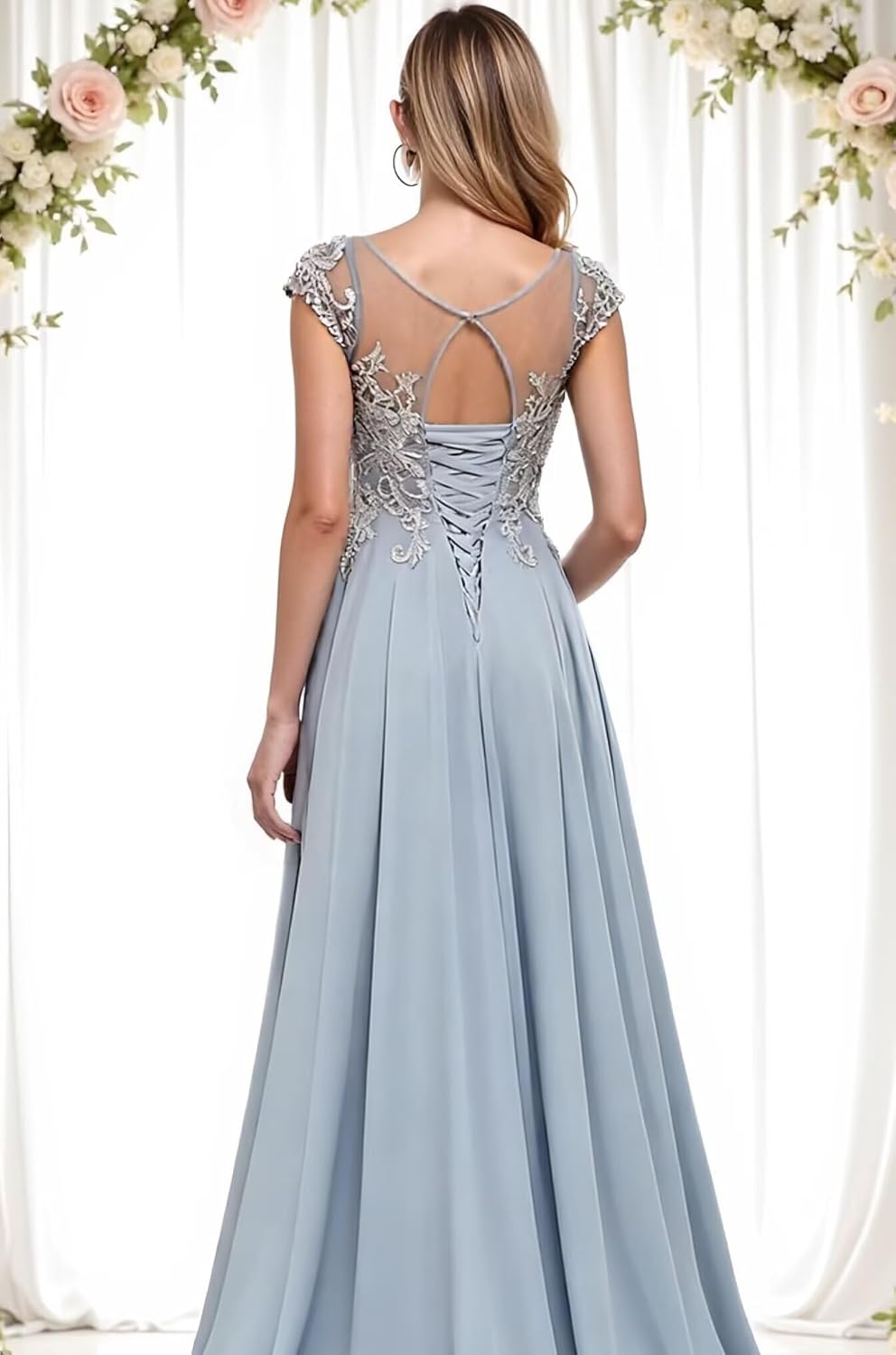 Chiffon Lace Applique Mother of The Bride Dresses A-Line Tea Length Cap Sleeve Wedding Guest Dress with Pockets HX053