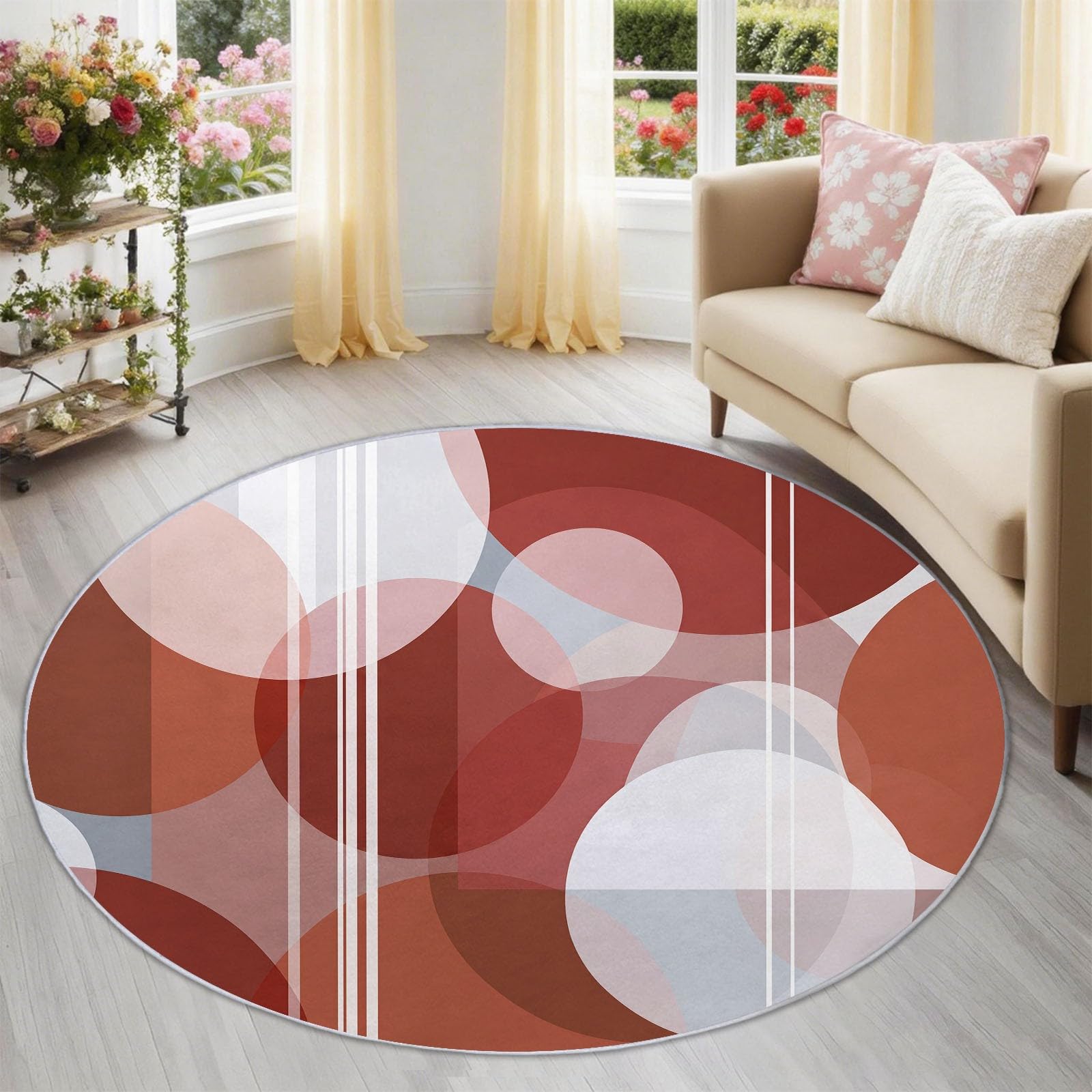 Tapis rond rouge 180 cm géométrique lavable pour chambre et salon