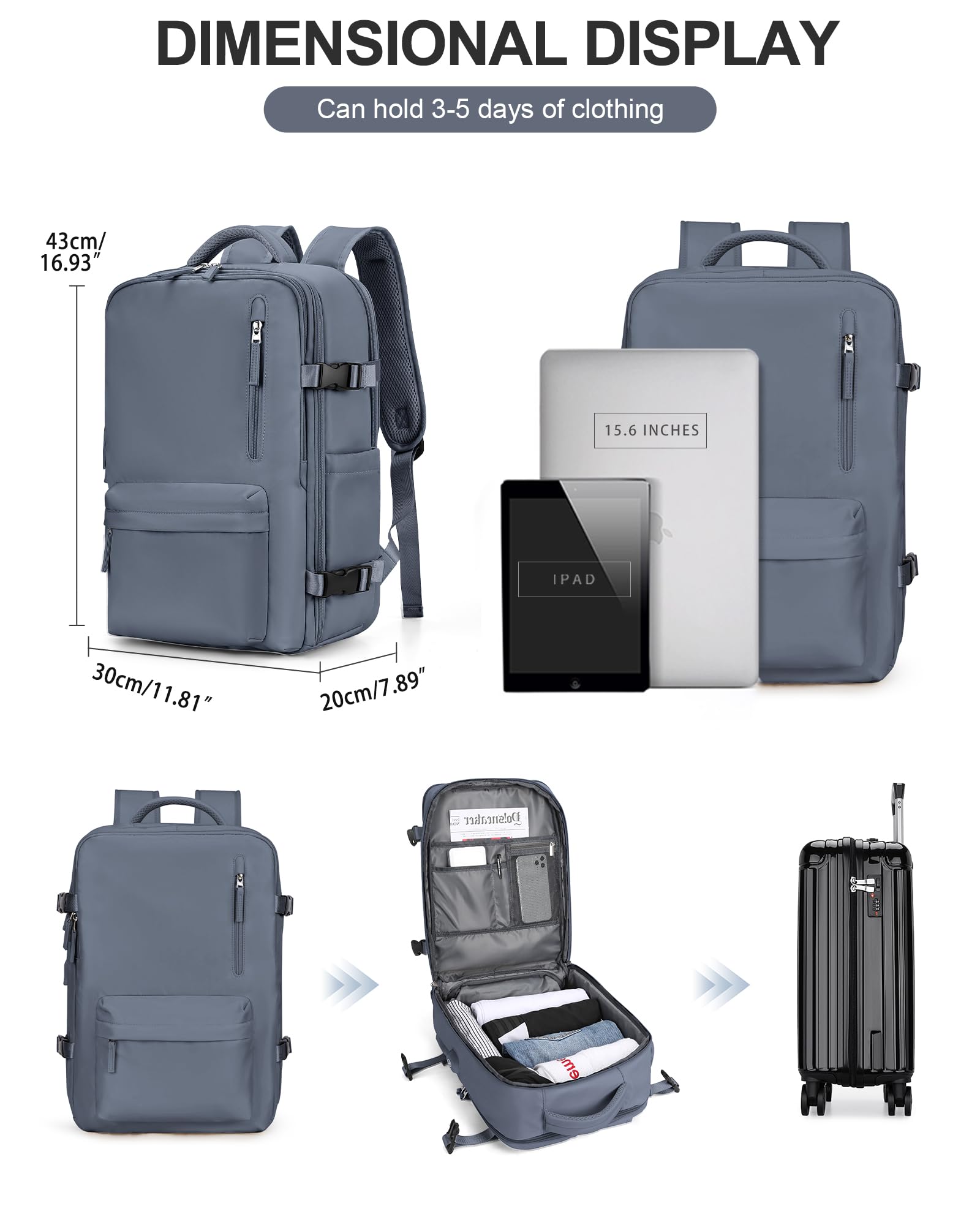 BJLFS Borse da Cabina per Ryanair 40×20×25 Bagaglio a Mano Easyjet 45×36×20 Borsa Zaino da Viaggio, Zaino da trekking,Zaino Casual per laptop da 14 pollici per scuola con porta di USB