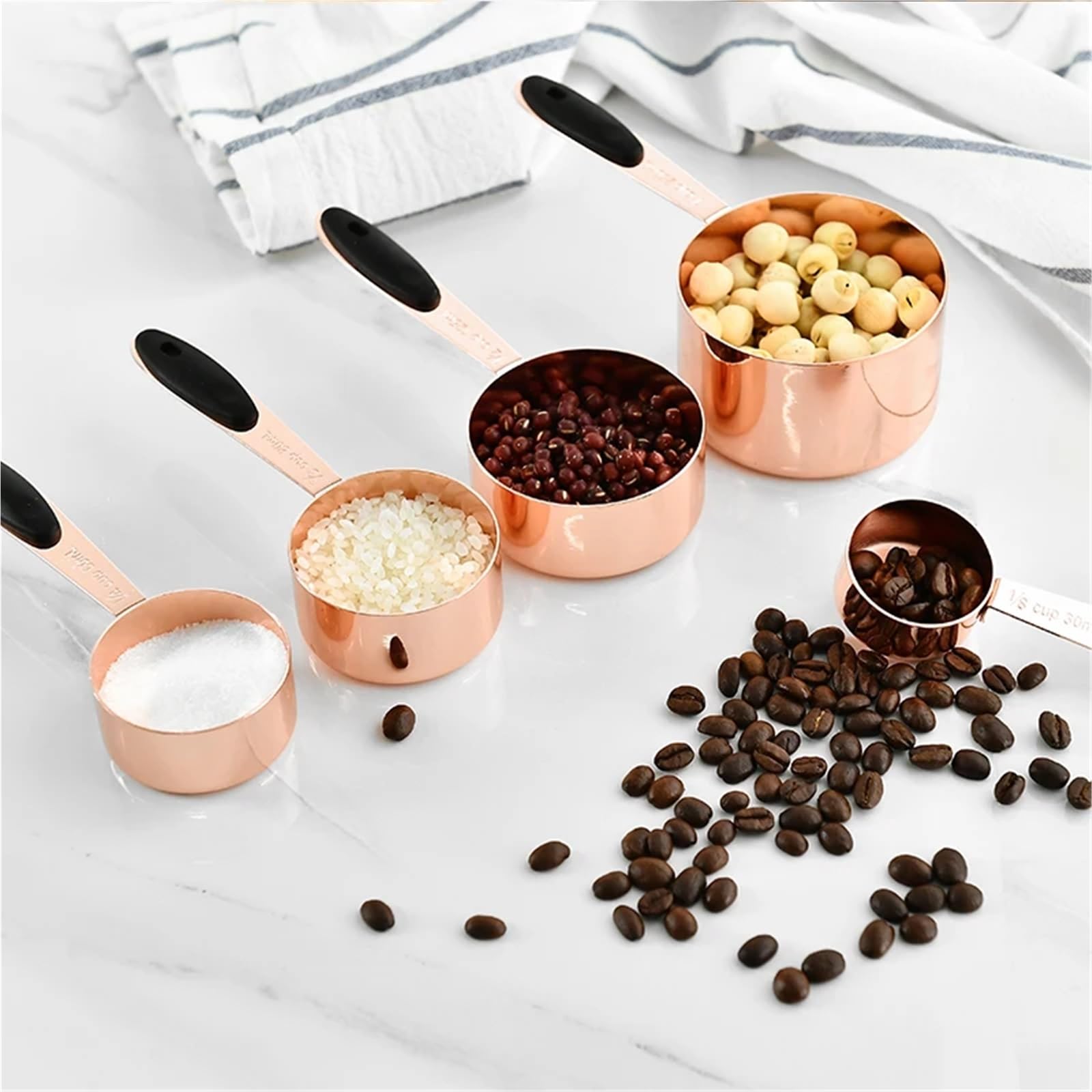 5/10-teiliges Messbecher-Set aus Edelstahl, Küchen-Backwerkzeug, plattiertes Kupfer, Roségold, Kaffee-Messlöffel, Kochzubehör für Flüssigkeiten und Feststoffe