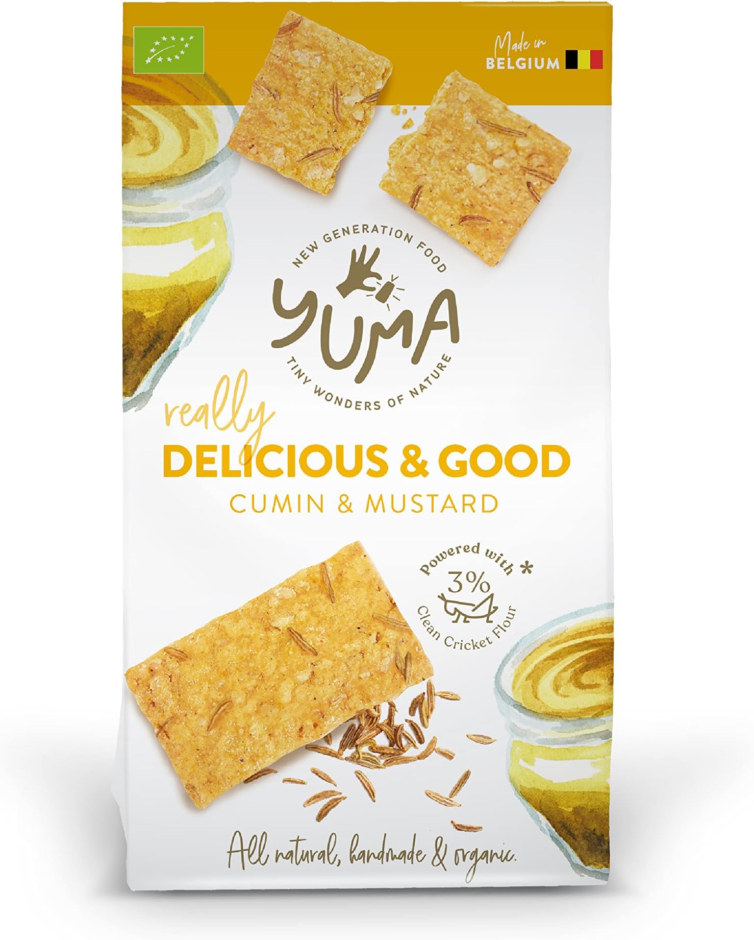 YUMA Crackers Cumin & Mustard-Hand Made Organic Crisp Crackers Powered by European Cricket Flour (3%). Sustainable Source of Protein & Superfood for Breakfast, Lunch or just Snacking, 1x90g, One Size