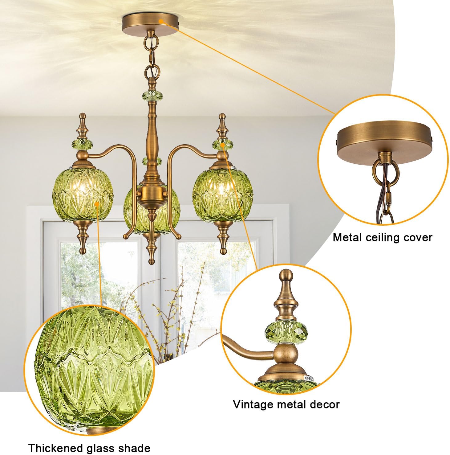 Vintage Green Pendant Lighting Fixtures,Victorian 3-Light Chandeliers for Kitchen Bedroom Living Room Dining Room Hallway