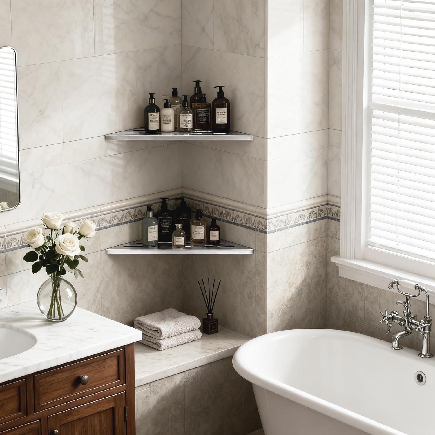 BWE 10" Shower Corner Shelf, 304 Stainless Steel Shower Shelves, Slot Design Corner Shower Shelf, Recessed Bathroom Storage Organizer for Tiled Wall,No Drilling Need, Brushed Nickel 2 Pack