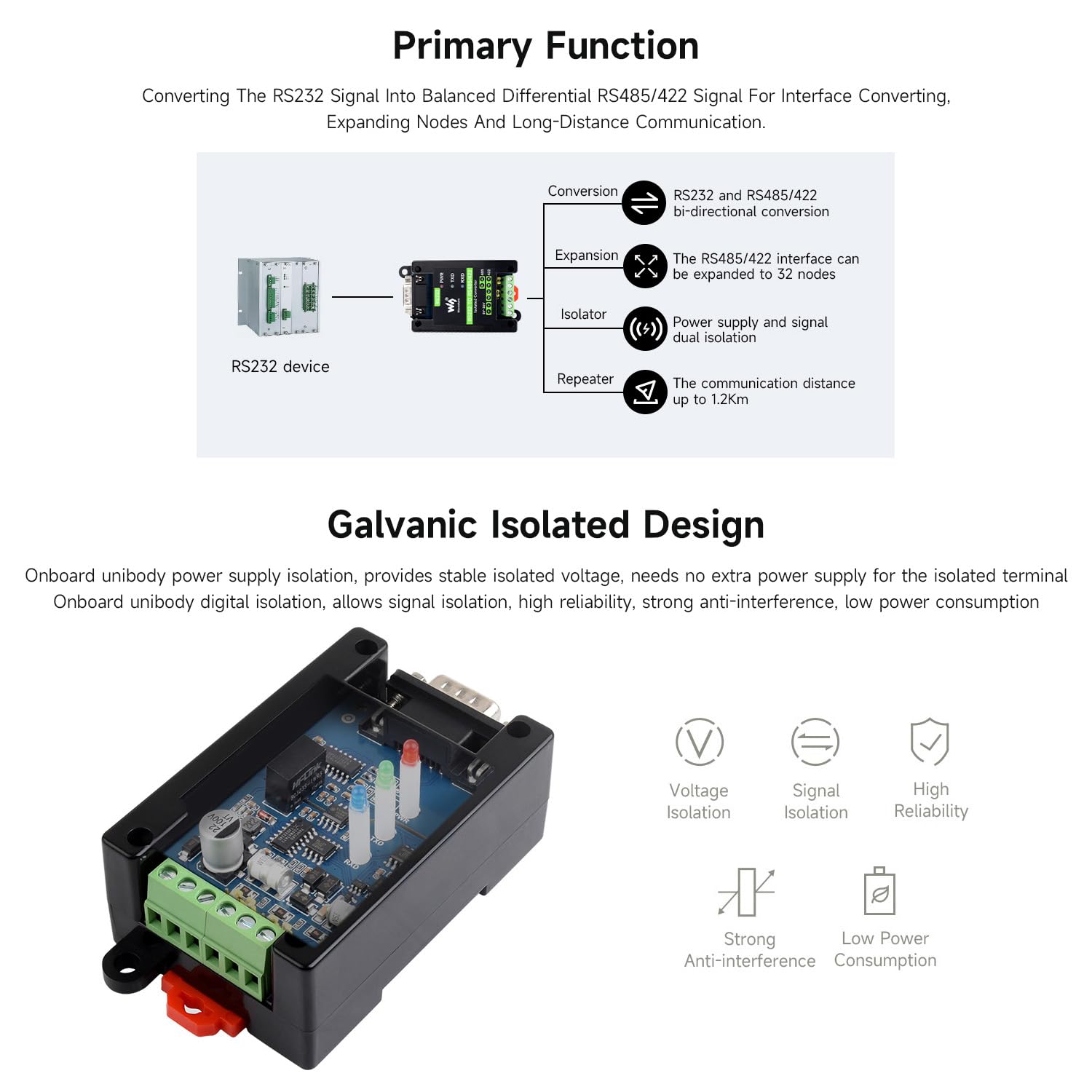 Waveshare RS232 To RS485/422 Active Digital Isolated Converter Onboard Original SP3232EEN&SP485EEN Chip RS232 DB9 Male Port for Industrial Control Equipment&High Communication Requirement Application