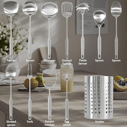 Miniatura 3 de Juego de utensilios de cocina de acero inoxidable 304, 12 piezas de utensilios de cocina con soporte, triturador de papas, servidor de pasta,