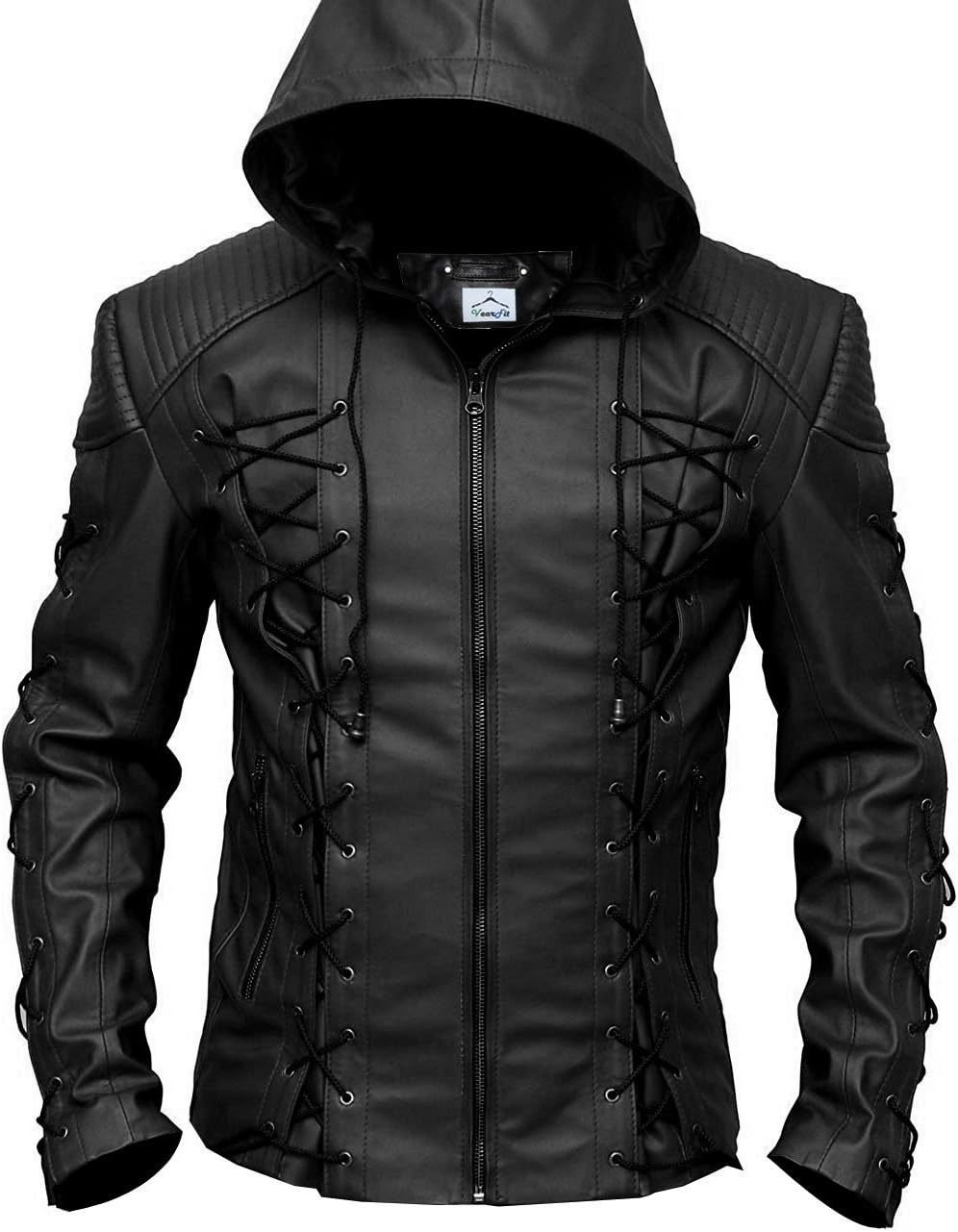 VearFit Stephen Amell Green Arrow Roy Harper Mens Black Faux Leather Jacket SuperHero