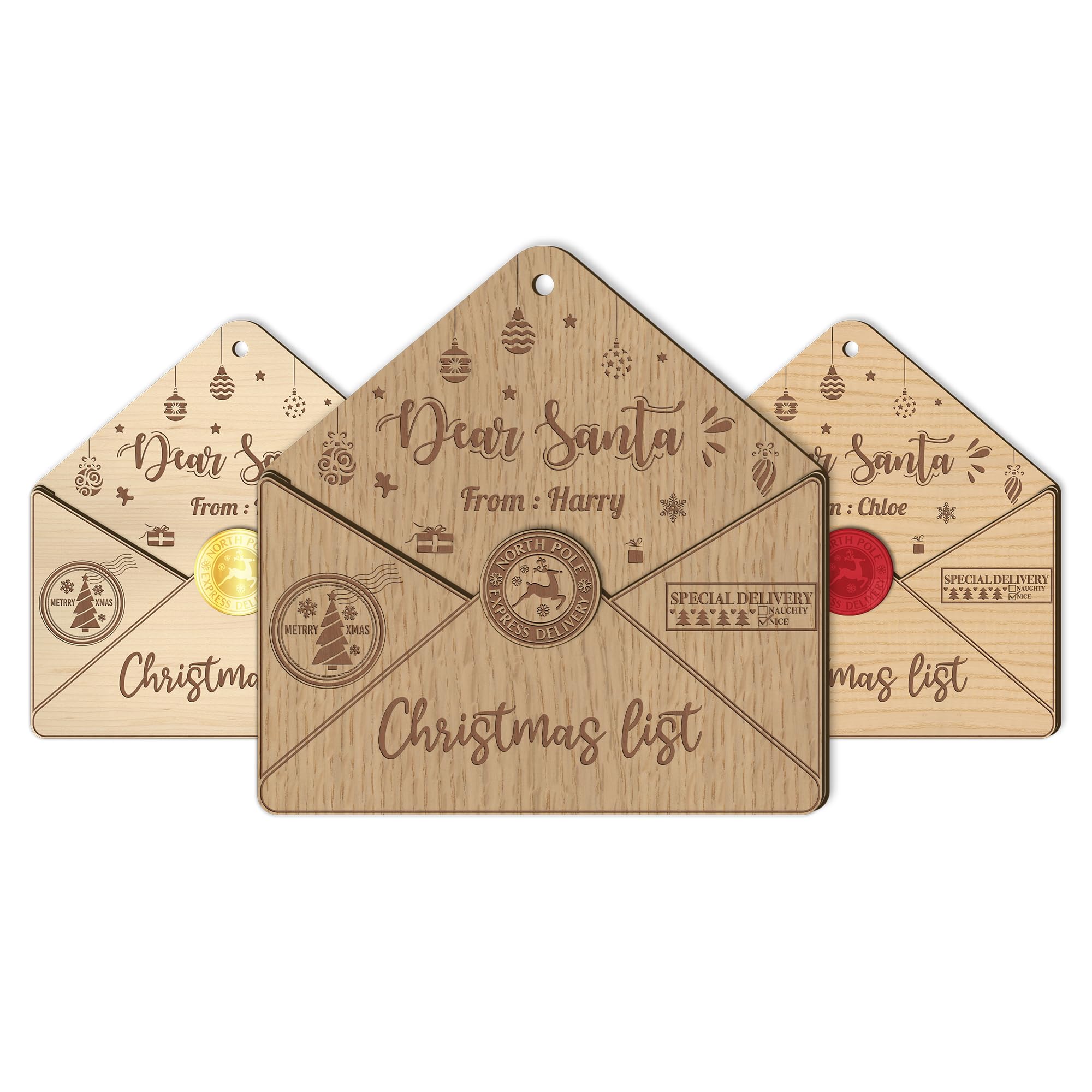 Personalised Letter to Santa Wooden Envelope Ornament Baubles Gifts Christmas Tree Decorations Custom Wooded Christmas Ornaments Xmas Gifts for Kids Girls Boys Toddler New Baby