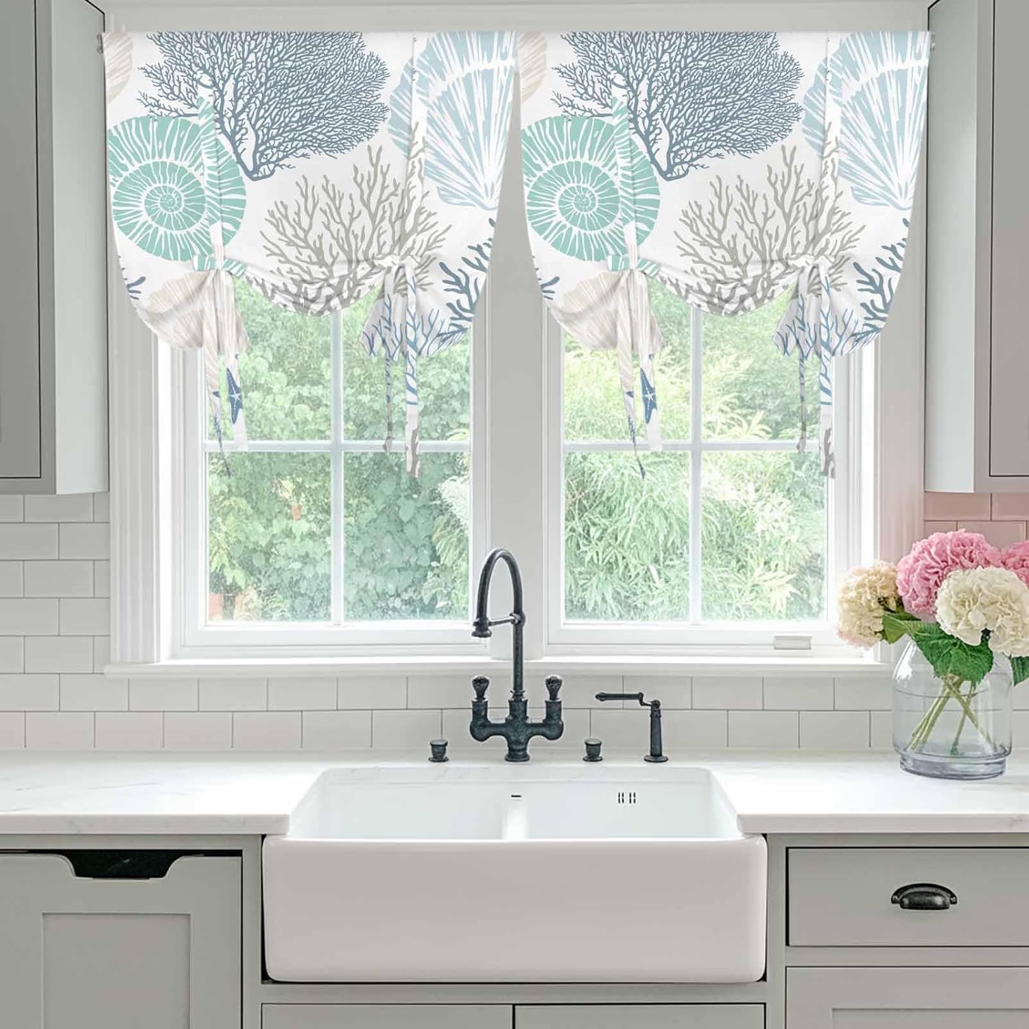 Ocean Coral Starfish Tie Up Window Shade Curtain,Nautical Coastal Shell Tie Up Curtain for Kitchen Windows,Marine Sealife Adjustable Valance Balloon Curtains,Blue Teal White Rod Pocket Panel 42x45in