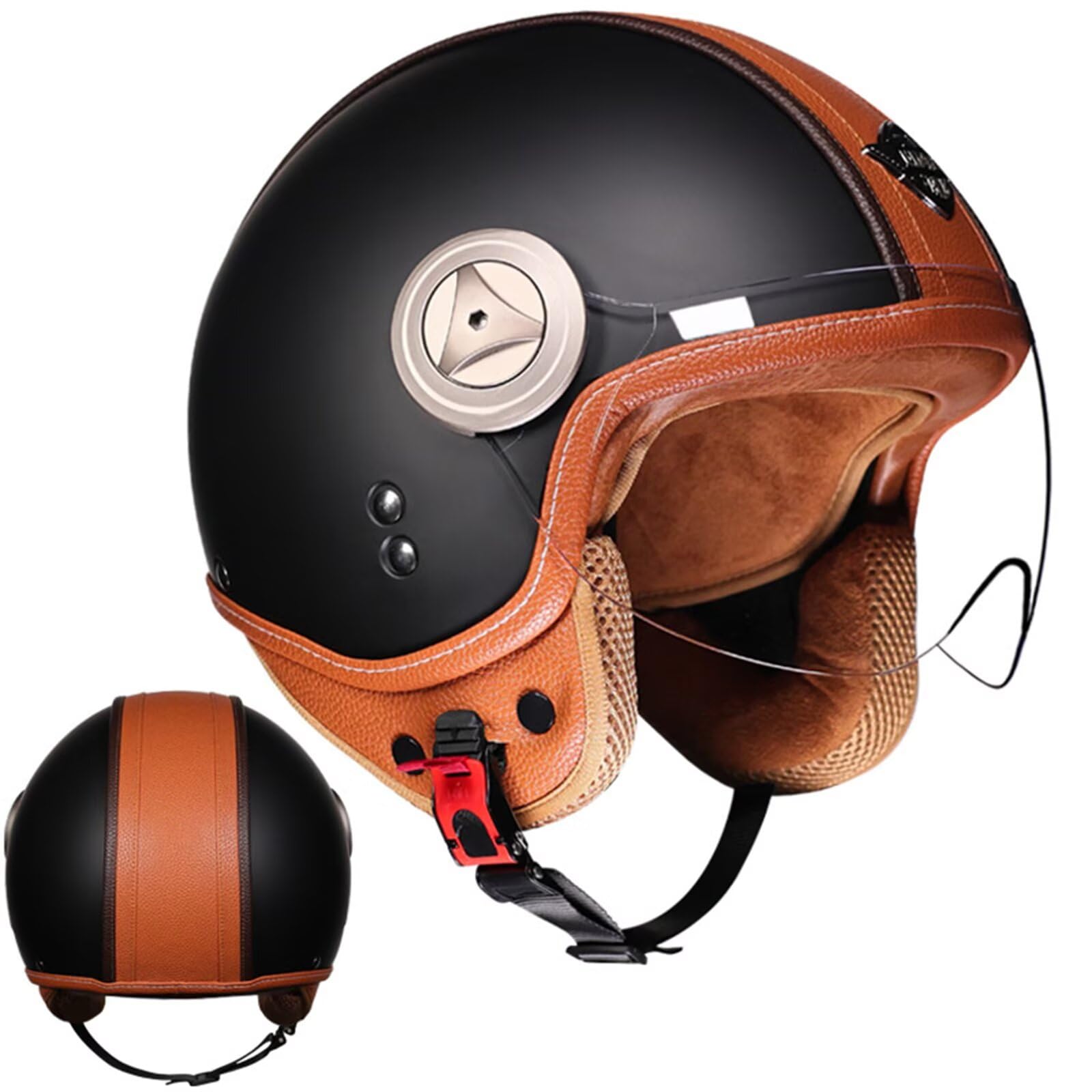 Casco de Moto Retro Homologado Dot ECE, Casco 3/4 de Cuero Genuino con Visera para Hombre,Mujer, Estilo Vintage Scooter para