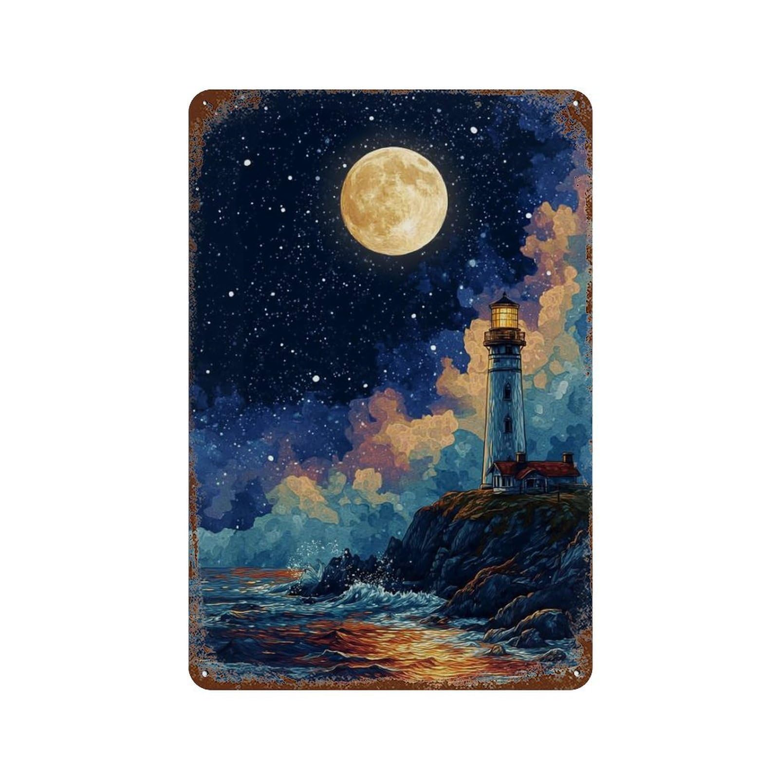 Moonlit Coastal Lighthouse Scene Aged Metal Wall Plaque 11.8"x7.9", Ideal for Patio, Garden Room And Bar Decor