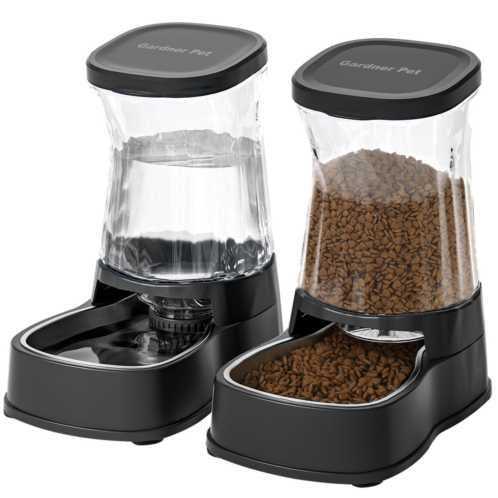 Gardner Pet Futter- und Wasserspender Satz (3.85L*2), Automatischer Futterautomat Katze mit Edelstahlschüssel, Gravitation Wasserspender Katzen Kein Strom Erforderlich, BPA Frei, Schwarz