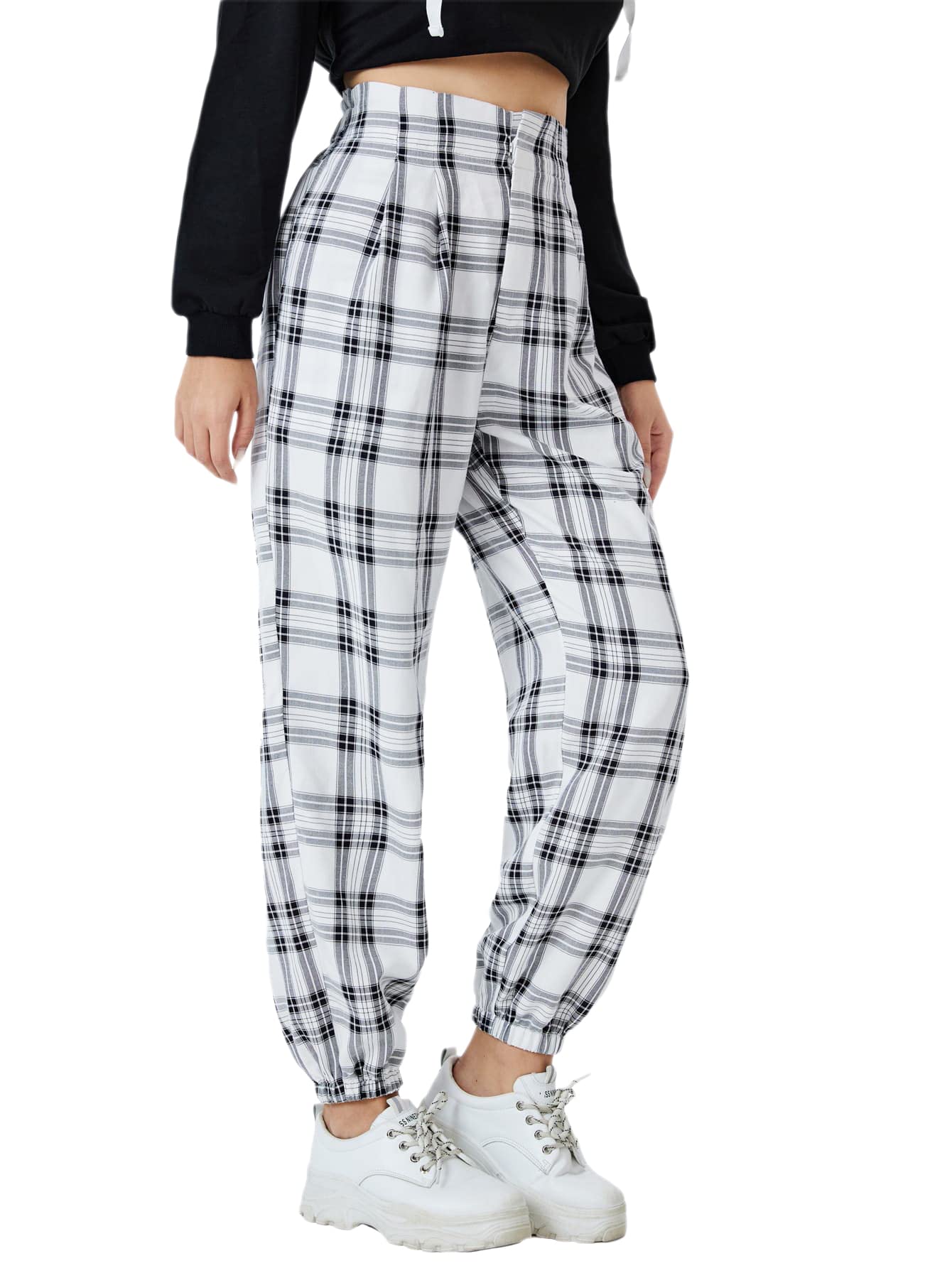 WDIRARA Womens Plaid Elastic High Waist Casual Tartan Pants with Pockets
