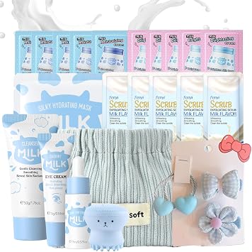 Moisturize Milk Skin Care Sets & Kits Gifts for Teenage Girls - Beauty Gifts Travel Size Kit for Women with Cleanser,Eyecream,Cream,Serum,Scrub,Mask,Brush,Package,Hairpin Set 24pcs