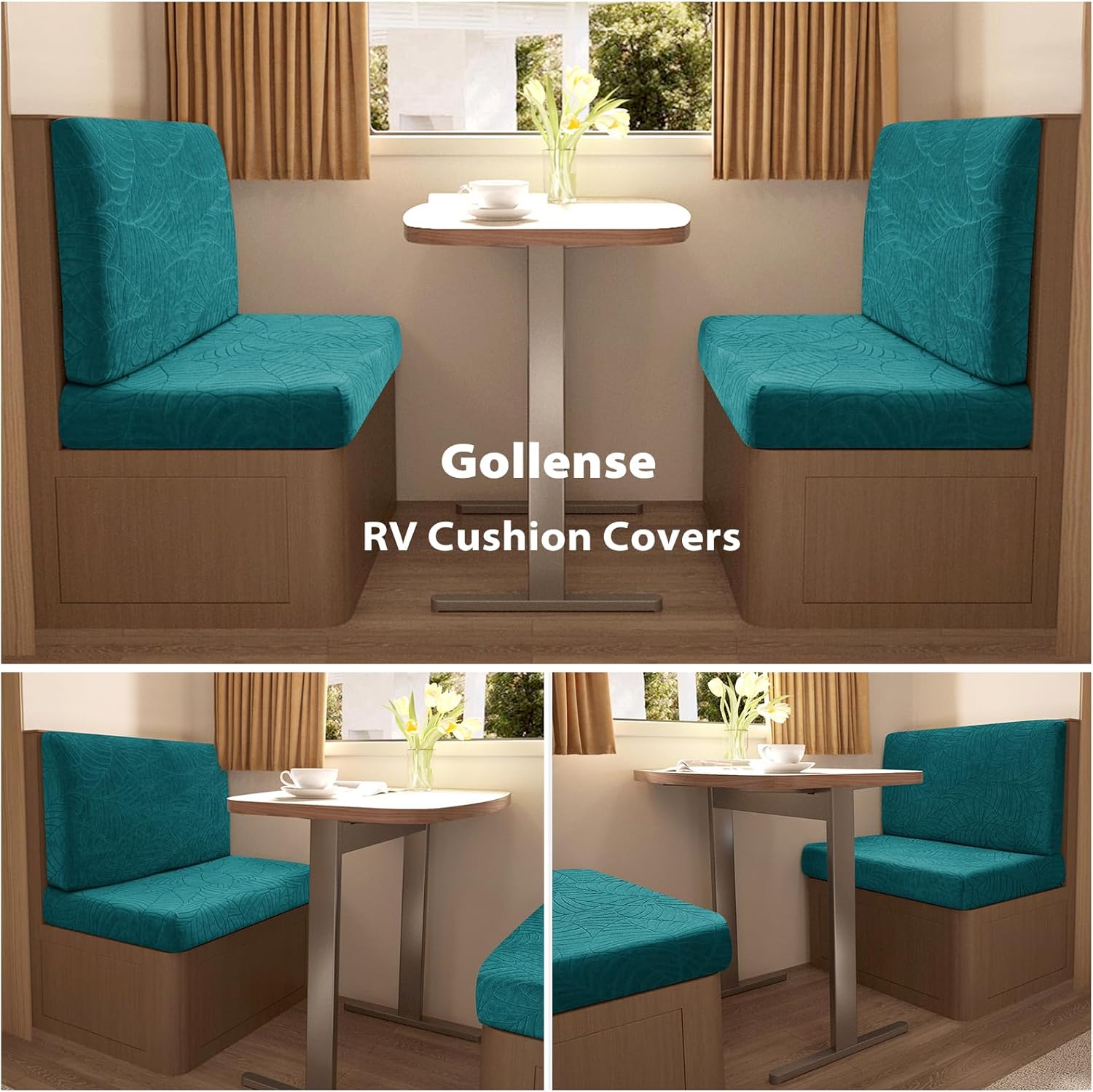Gollense RV Dinette Cushion Covers, Waterproof Jacquard Stretch Camper Bench Seat Slipcover, Sectional Replacement Loveseat Protector for Trailer Van, 2 Backrest Cover & 2 Bench Cover (Blue Green)