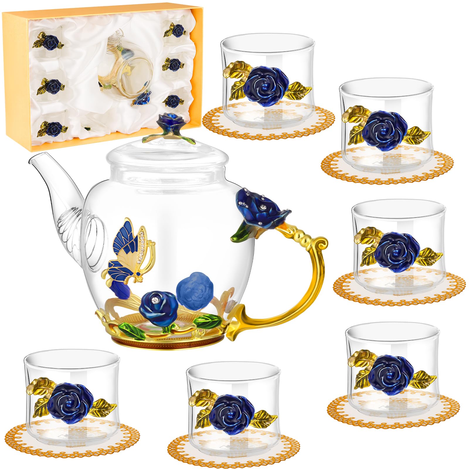 Set da tè floreale da donna, 7 pezzi, set di teiera vintage in vetro con confezione regalo, teiera in vetro con sottobicchieri, per cucina, riunione di famiglia, casa (blu)