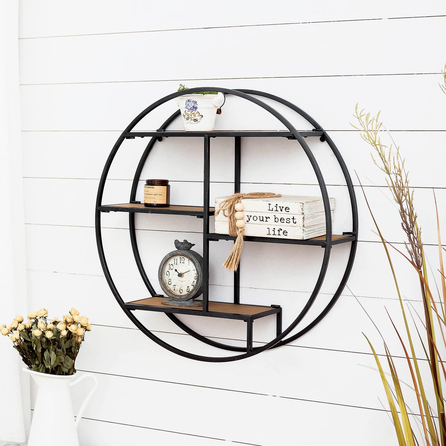 Industrial Style Round Wall Shelves, 3 Tier Decorative