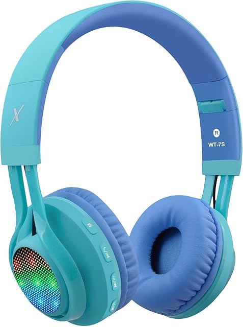 Riwbox Kids Bluetooth Headphones, WT-7S LED Light Up Foldable Stereo Wireless&Wired Kids Headphones with Microphone for School/PC/iPhone/TV/iPad/Tablet (Blue&Green)