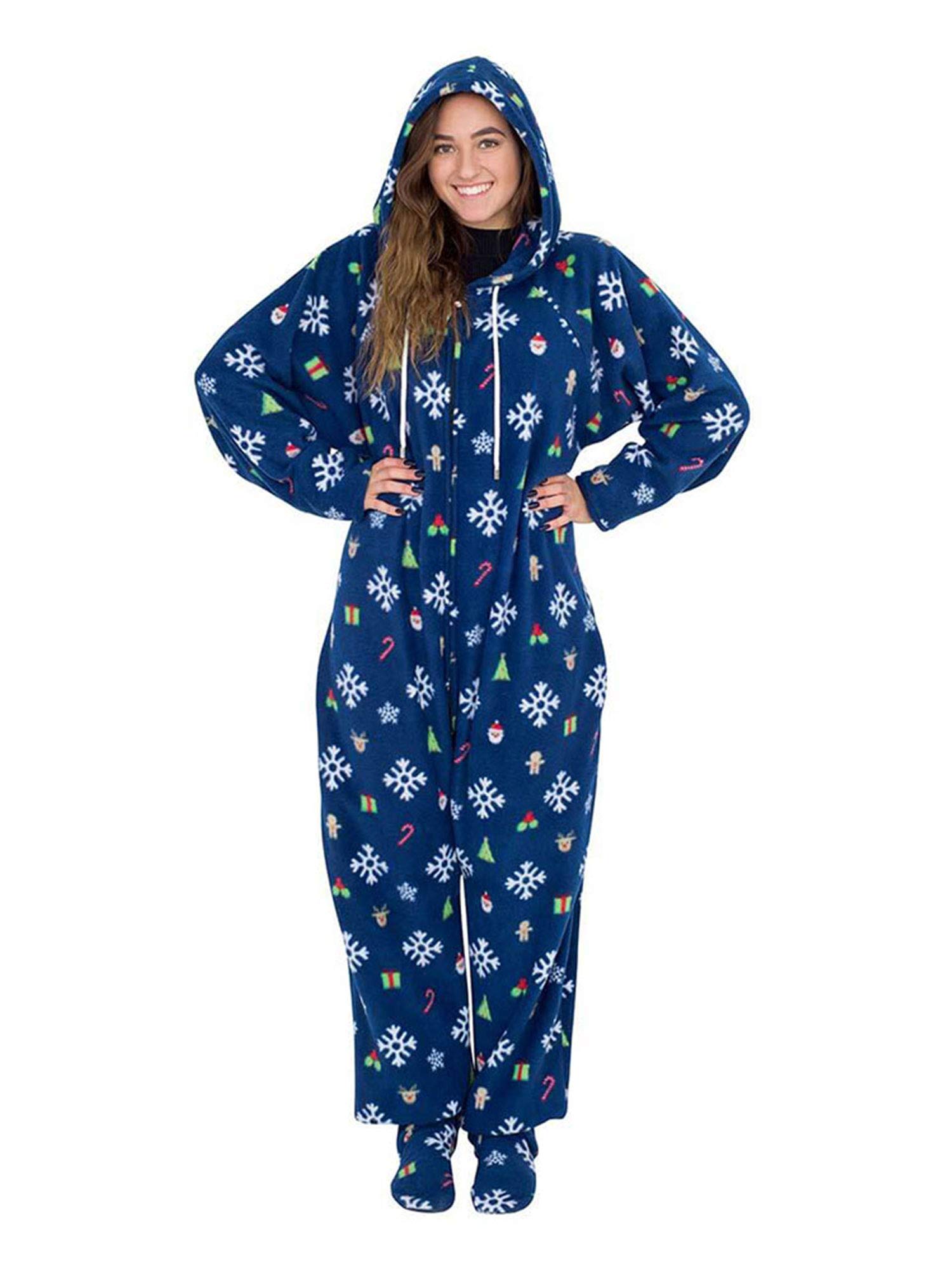 Pijama de forro polar con capucha y sin pies para mujer, pijama cálido y acogedor de felpa para adultos, pijama novedoso de una pieza, azul marino, M