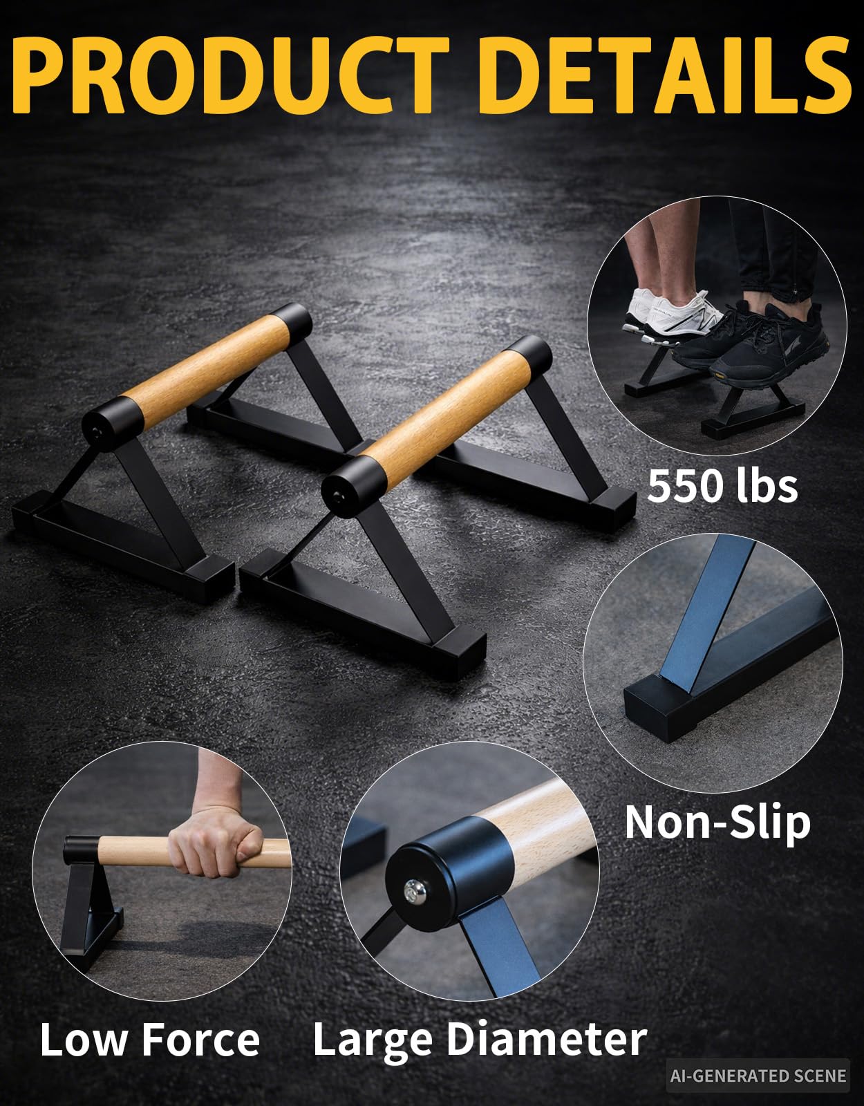 Barres de Pompes en Bois Lot de 2 Poignées de Pompes Antidérapantes Parallettes pour Calisthenics Musculation Handstand Training avec Cadre en Métal Supporte 250 kg