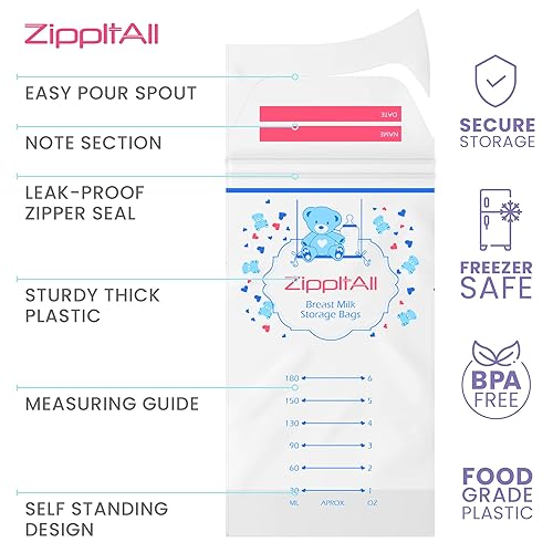 Miniatura 7 de DiRose Bolsas de almacenamiento de leche materna de 6 onzas, 100 unidades, doble cremallera, capacidad a prueba de fugas, extragruesas y selladas