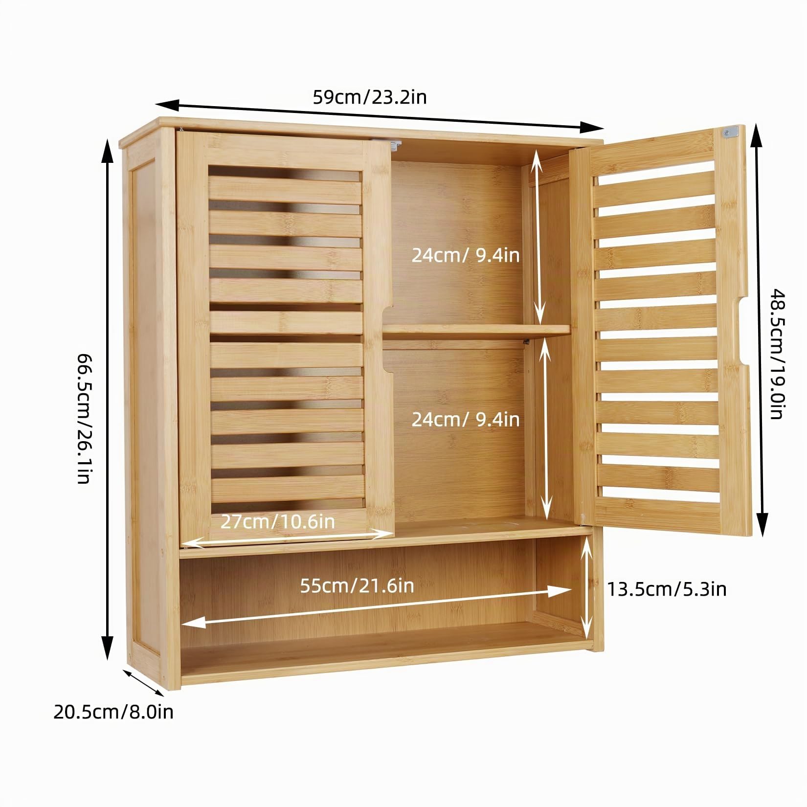 unho Meuble Salle de Bain Mural: Armoire Toilette Suspendu en Bambou Naturel Placard WC 2 Portes Rangement Cuisine Murale avec Étagères Réglables - 59x20.5x66.5 cm