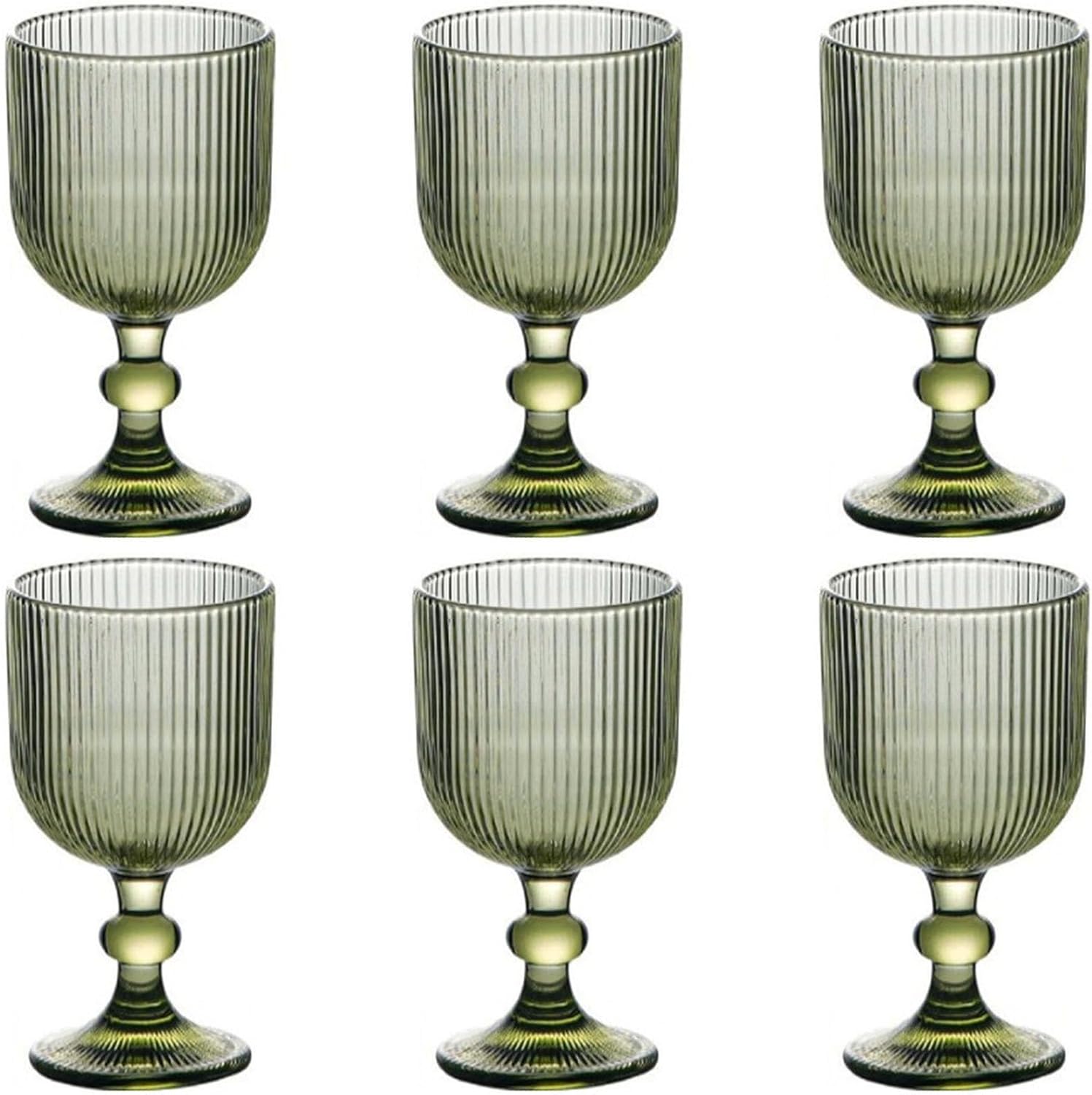 Green Drinking Glasses set of 6 Big Wine Goblets Vintage Colored Glassware 13 oz for Wedding Party Bar Vertical Line Embossed Pattern Stemmed Cups 400ml
