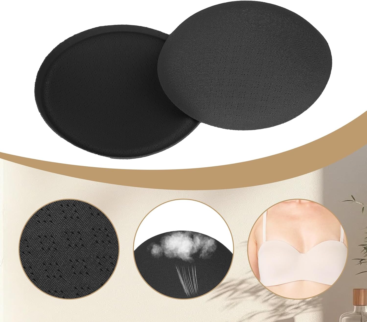 2 Pairs Round Bra Inserts Pads Black Removable and Washable Push Up Breast Cups Inserts Sew in Cups for Women for Bikinis Top Swimsuit Sport Bra - Image 3
