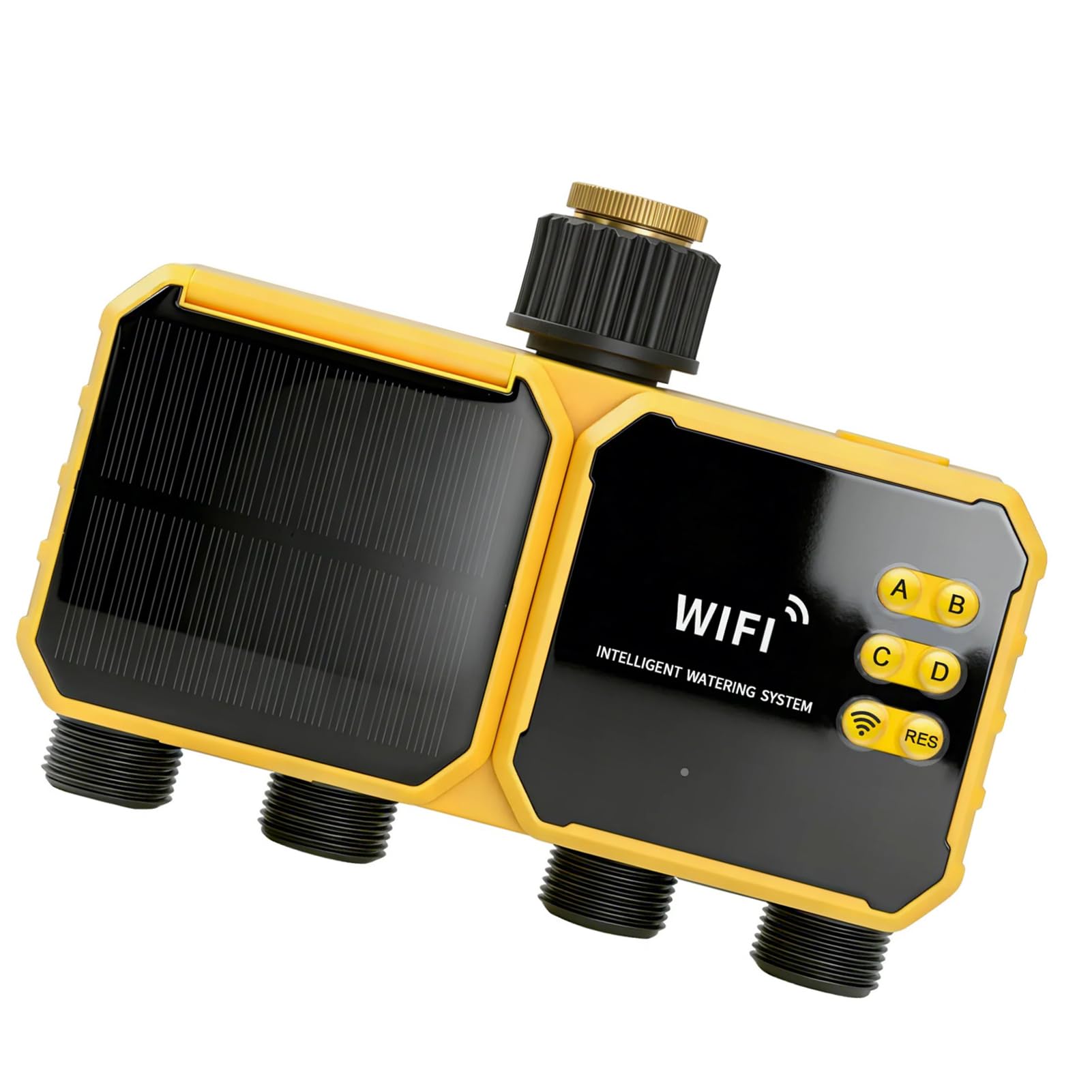 Goshyda Temporizador de Agua Solar WiFi de 4 Zonas, Controlador de Riego Automático Controlado por Aplicación, Temporizador de Aspersor Inteligente con Panel Solar, Sensor de Lluvia y Panel (Rosca