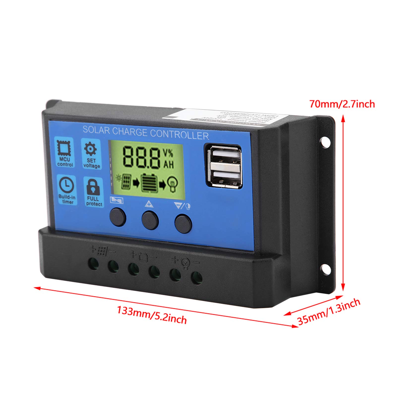 controlador de carga solar + Controlador de carga del panel solar, Akozon Cargador solar Controlador inteligente Panel batería Regulador PWM 12V 24V Dual USB(10A)