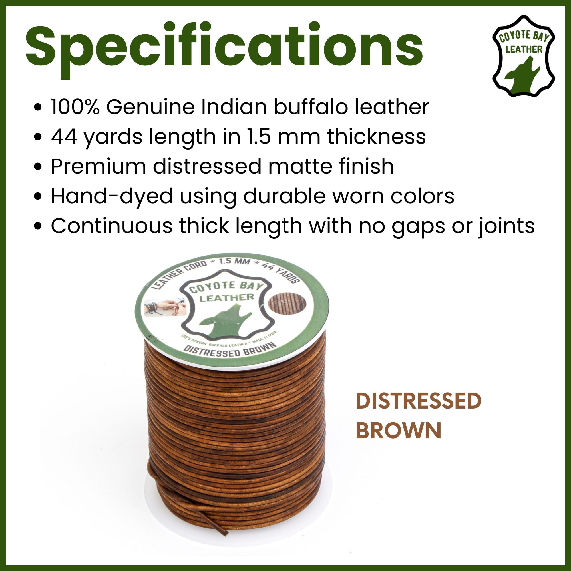 Coyote Bay® Leather Cord in Distressed Brown Color, 44 Yards Length, 1.5mm and 2mm Thickness, 100% Genuine Buffalo Leather, for Jewelry Making, Crafts, and Hobby Projects (Distressed Brown, 1.5 mm)