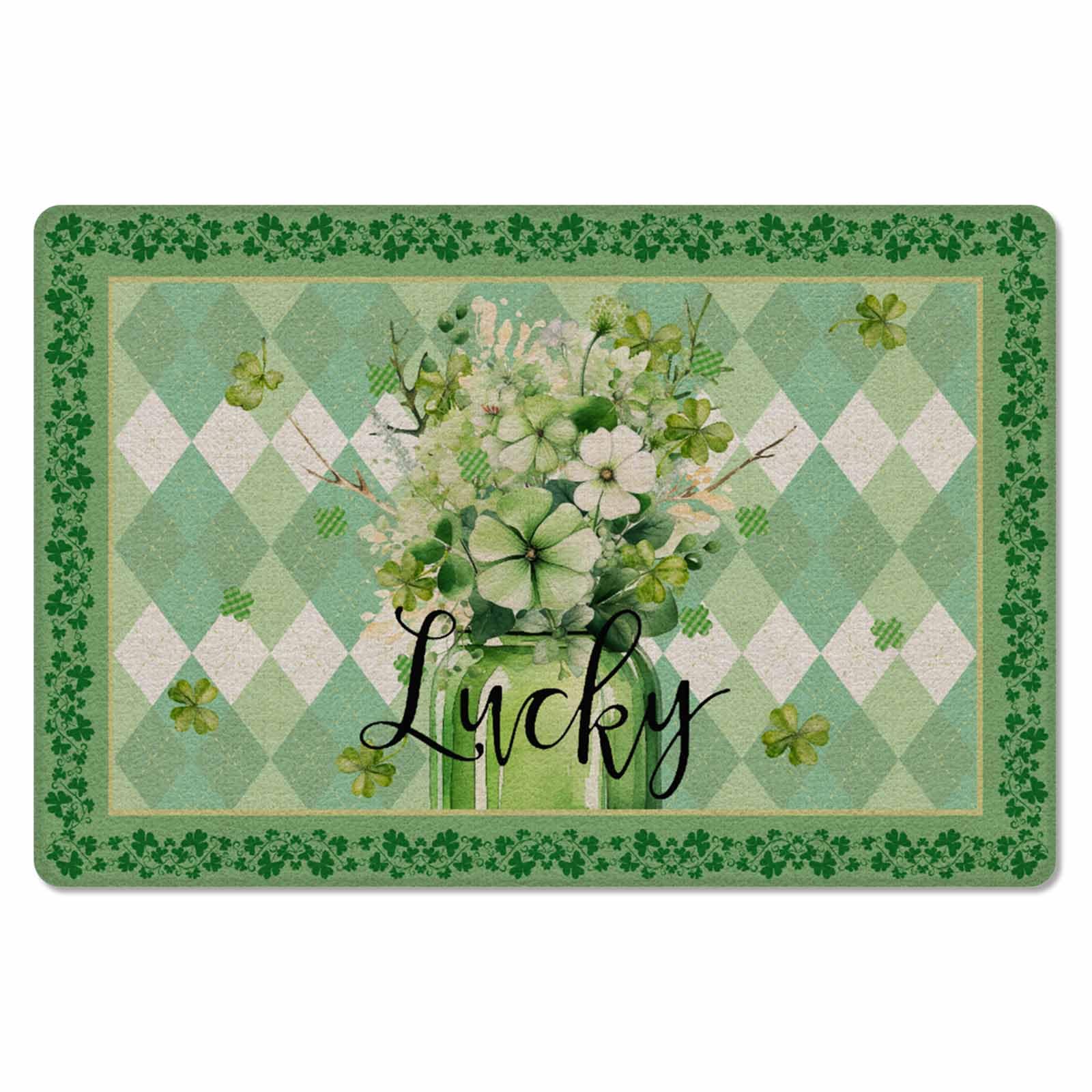 Green Lattice Kitchen Bath Door Mat Cushioned Runner Rug,Washable Welcome Floor Sink Antifatigue Mat,Waterproof & Non-Slip Comfort Standing Doormat,St. Patrick's Day Spring Vase Floral Leaves 18